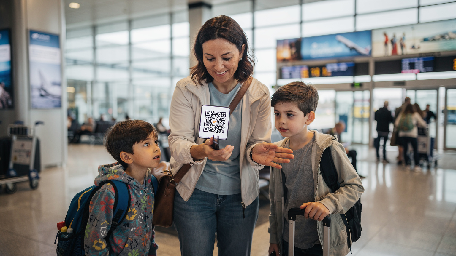 Un genitore mostra un QR code sullo smartphone ai figli in aeroporto, spiegando l'attivazione dell'eSIM per la vacanza estiva in Europa.