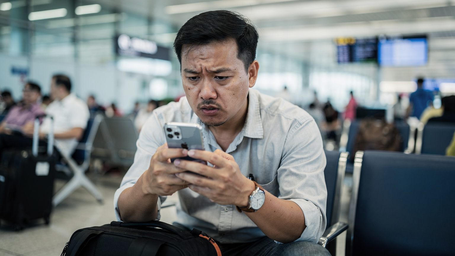 Một phụ huynh đang cau mày nhìn vào iPhone của mình, màn hình hiển thị cảnh báo về việc sử dụng data của các thiết bị được chia sẻ qua hotspot, trong bối cảnh một sân bay đông đúc.