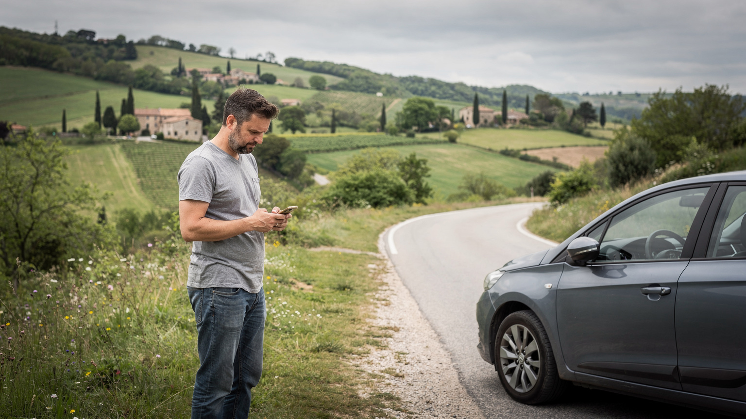 Un homme vérifie son smartphone avec un air de légère frustration, debout à côté d'une voiture garée sur le bas-côté d'une route rurale européenne, cherchant manifestement une connexion réseau. Le paysage est vert et vallonné.
