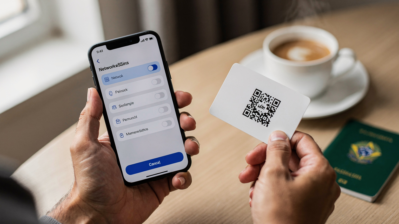 Mãos de um adulto brasileiro segurando um smartphone que exibe as configurações de rede, enquanto a outra mão segura um cartão com um QR code, pronto para a ativação do eSIM.