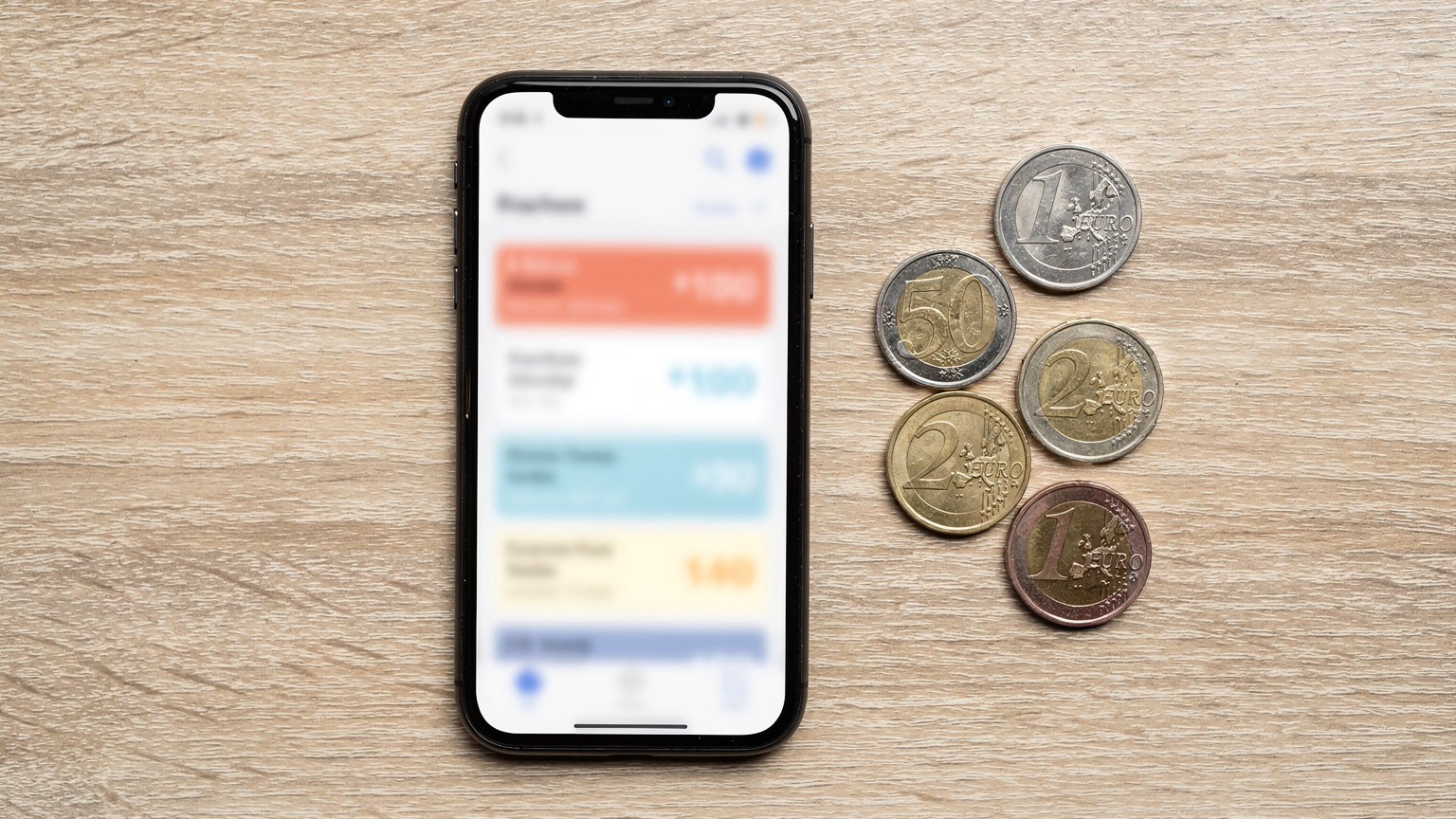 Ein Smartphone zeigt einen Vergleich von Reisedatentarifen auf einem Display, daneben liegen Euro-Münzen, die auf Kosteneinsparungen hindeuten.