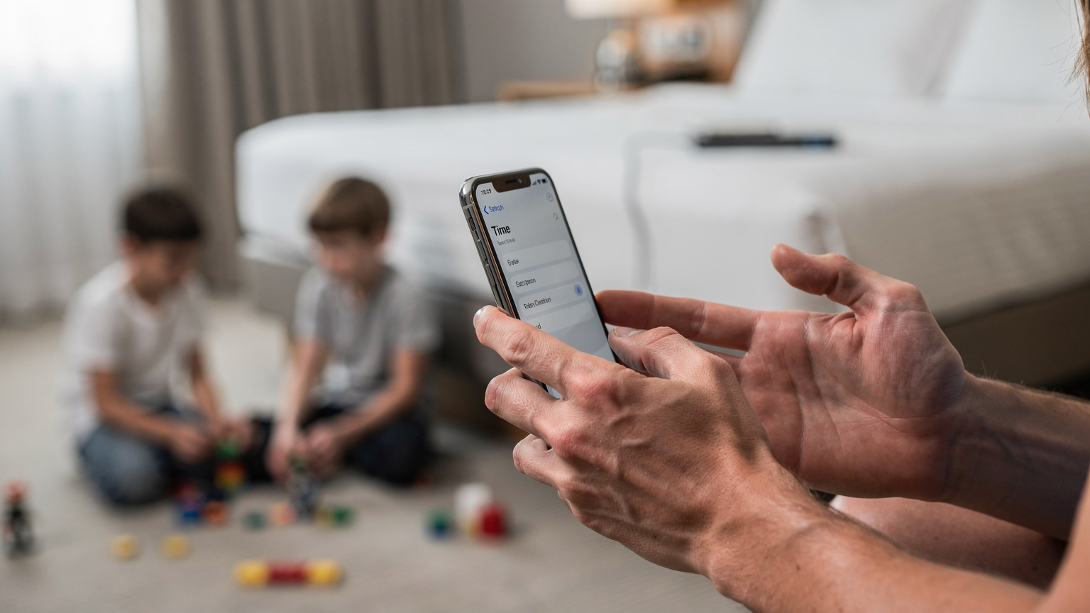 Nahaufnahme der Hände eines Elternteils, der auf einem Smartphone die Einstellungen für die Bildschirmzeit und die Kindersicherung überprüft, während im Hintergrund Kinder spielen.