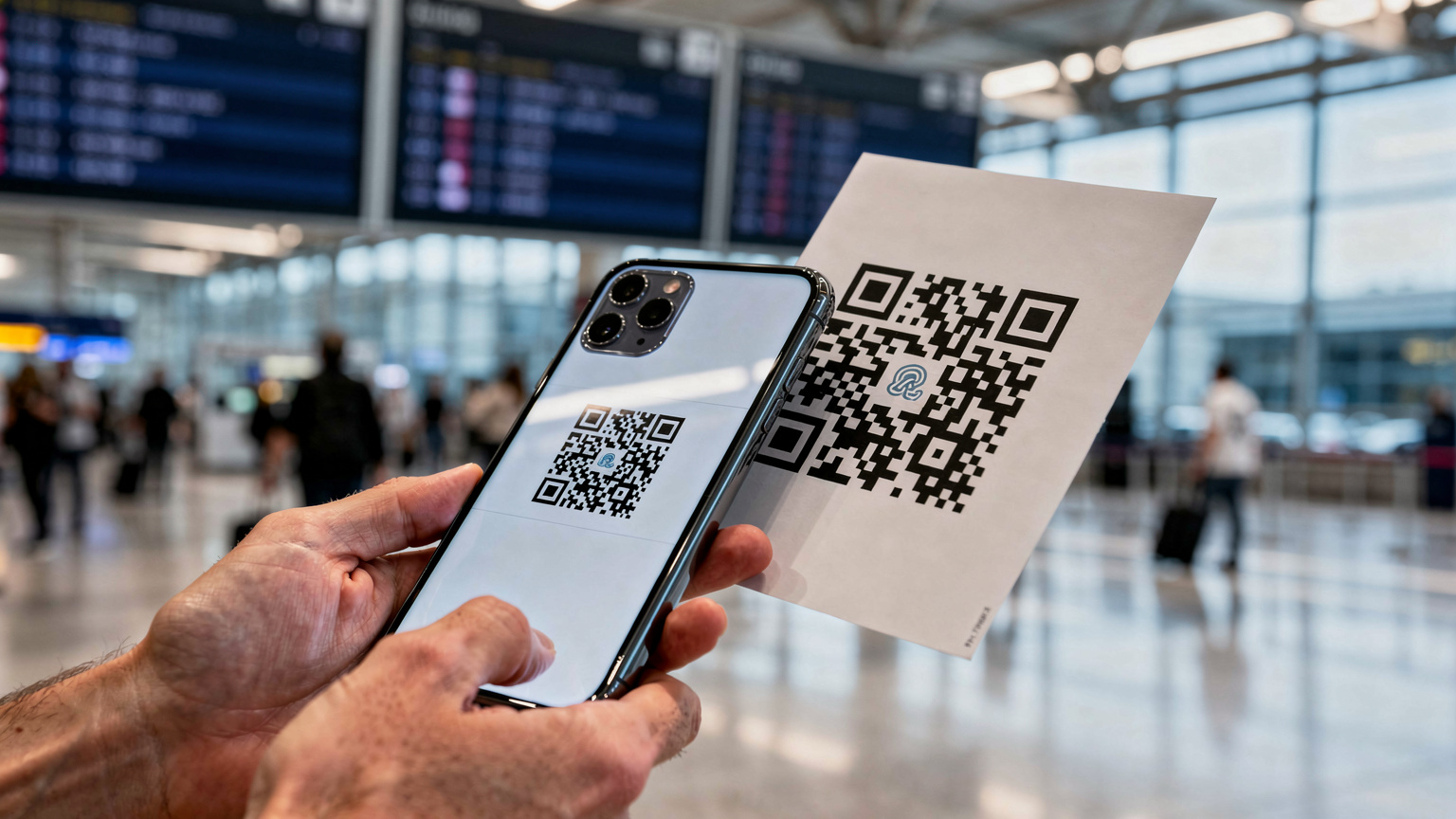 Eine Nahaufnahme eines Smartphones, das einen QR-Code für die eSIM-Aktivierung scannt, mit verschwommenem Hintergrund eines Flughafenterminals.