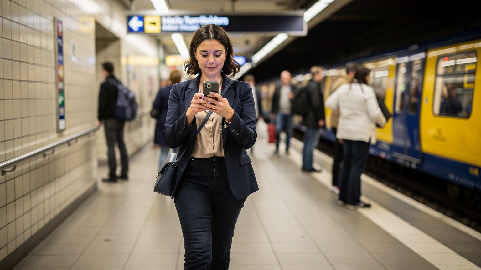 Eine junge Frau navigiert durch eine belebte U-Bahn-Station in München, hält ihr Handy in der Hand und schaut auf den Bildschirm, während Menschenmassen im Hintergrund vorbeiziehen.