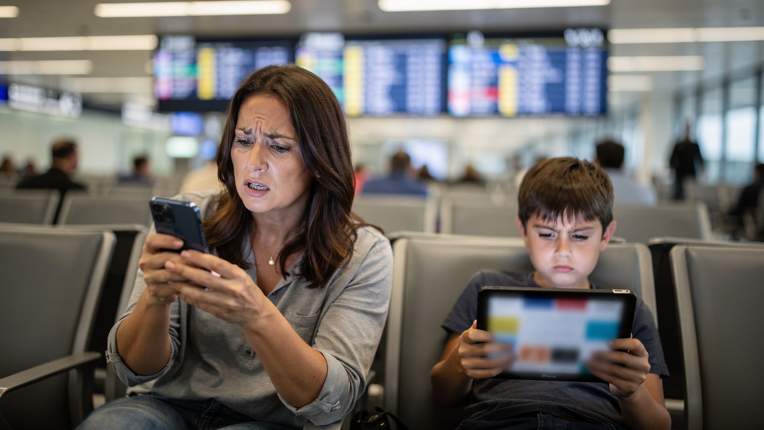 Eine besorgte Mutter hält ihr Smartphone in einem Flughafen-Warteraum, das Display zeigt eine Fehlermeldung, während ihr Kind im Hintergrund gelangweilt auf einem Tablet spielt.