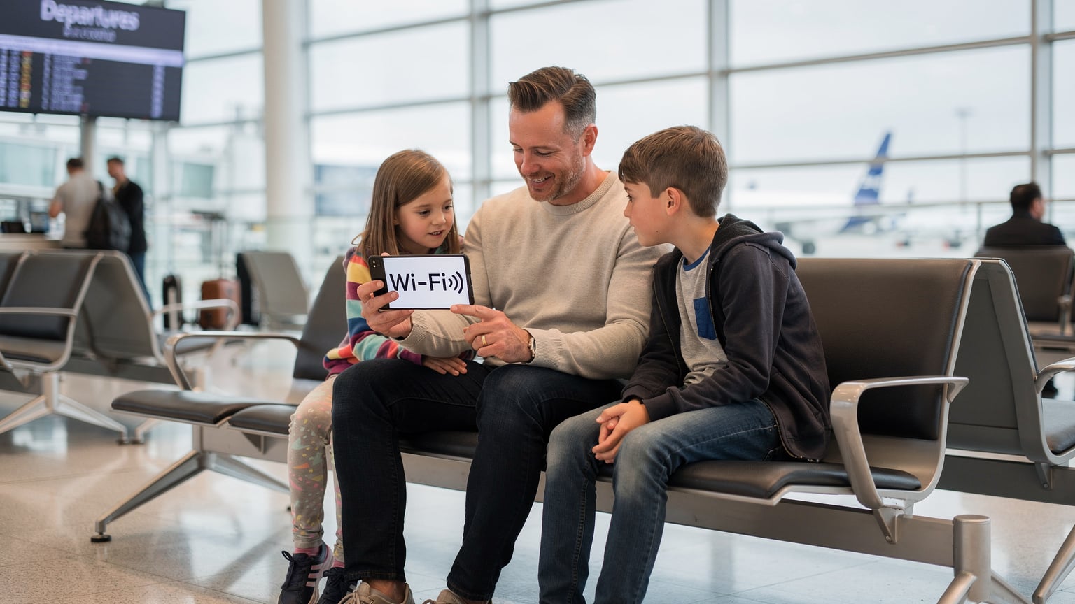 Ein Vater erklärt seinen Kindern am Flughafen die Vorteile einer eSIM, während sie entspannt auf einer Bank sitzen und auf ihren Flug warten.