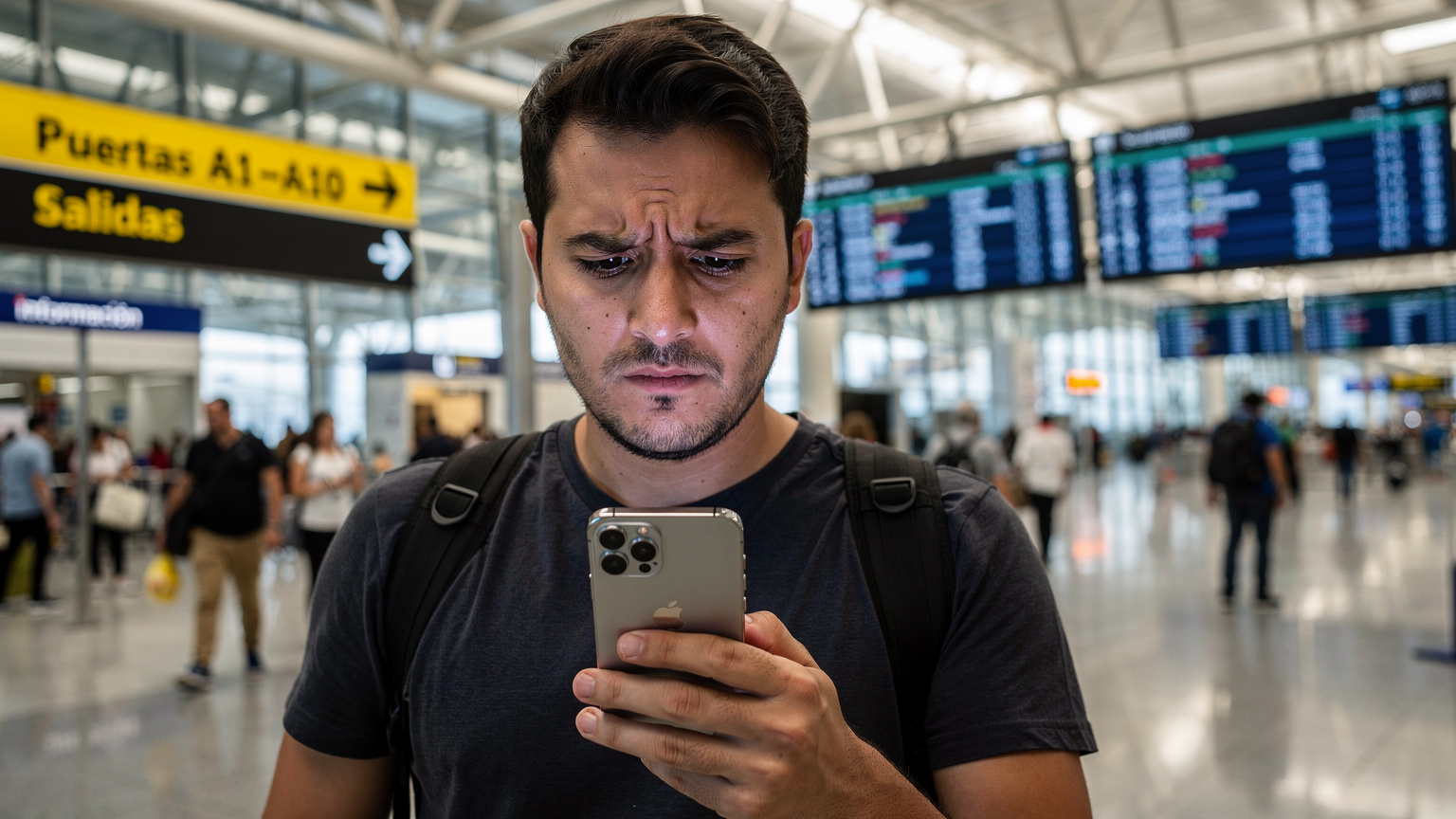Une personne à l'aéroport de Bogota, regardant son iPhone 17 avec une expression de légère frustration, son téléphone affichant un message de "pas de service", la signalisation de l'aéroport en arrière-plan.