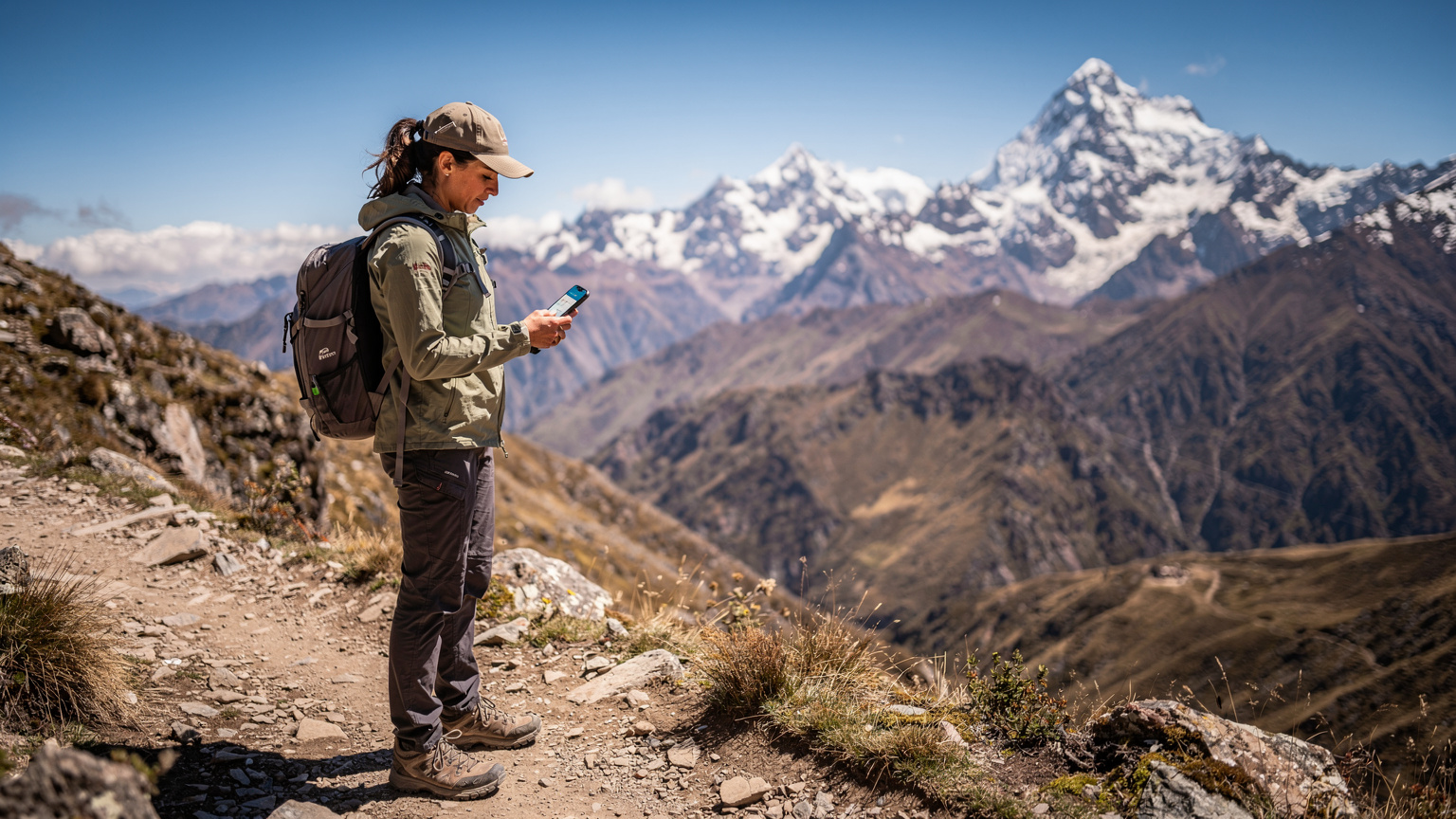 Une randonneuse utilise son iPhone 17 pour vérifier une carte hors ligne dans un paysage andin isolé, avec des montagnes majestueuses et un ciel clair.