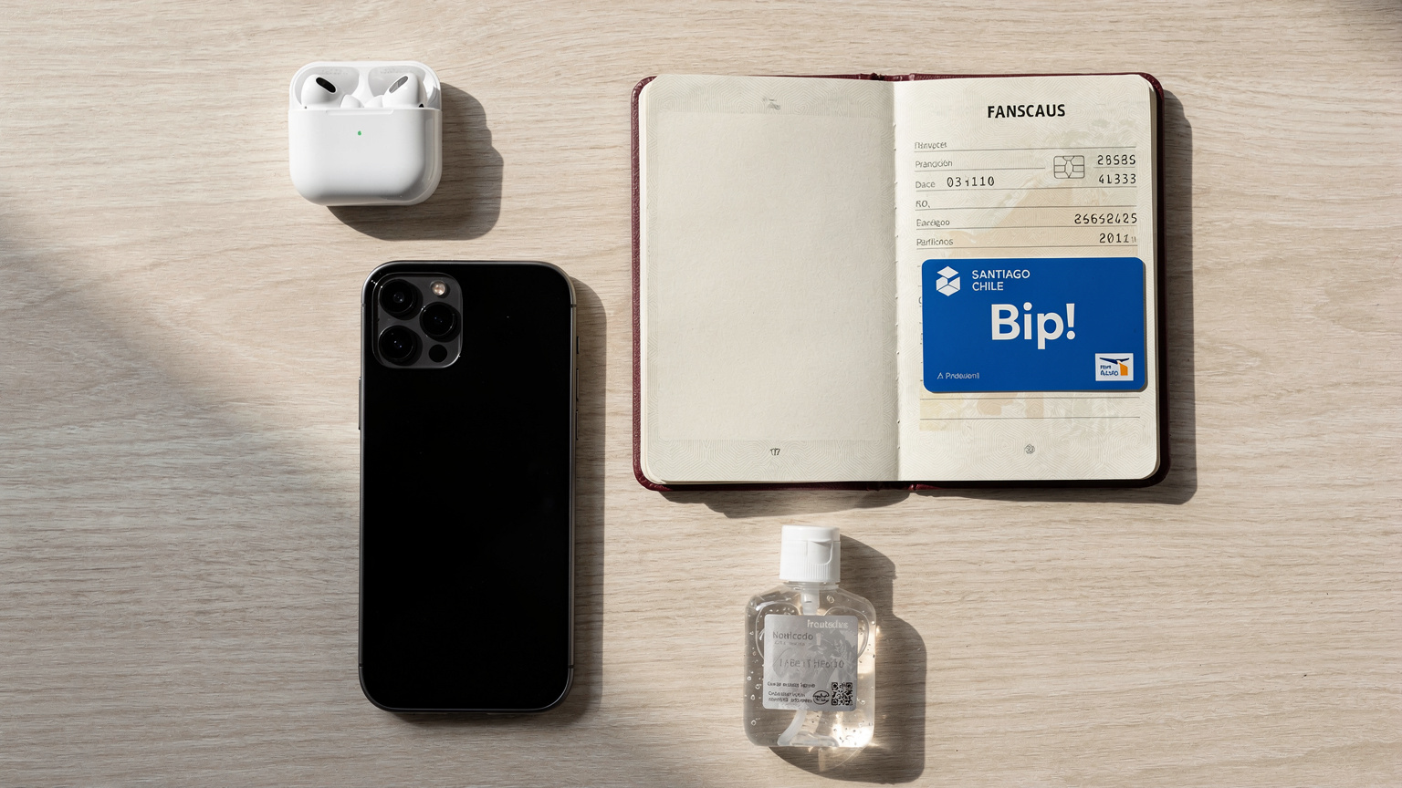 Une photo de style éditorial en vue de dessus montrant un iPhone 17, un passeport français, des écouteurs sans fil, une petite bouteille de désinfectant pour les mains et une carte de transport locale de Santiago, le tout disposé sur une table en bois clair.