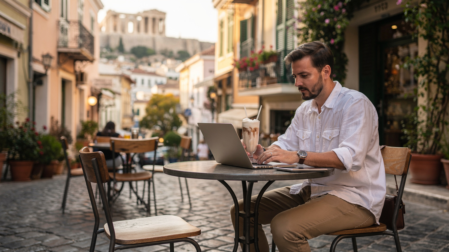 A digital nomad working on a laptop at an outdoor cafe table in the Plaka district of Athens, with a traditional Greek coffee and the ancient Parthenon visible in the distance.