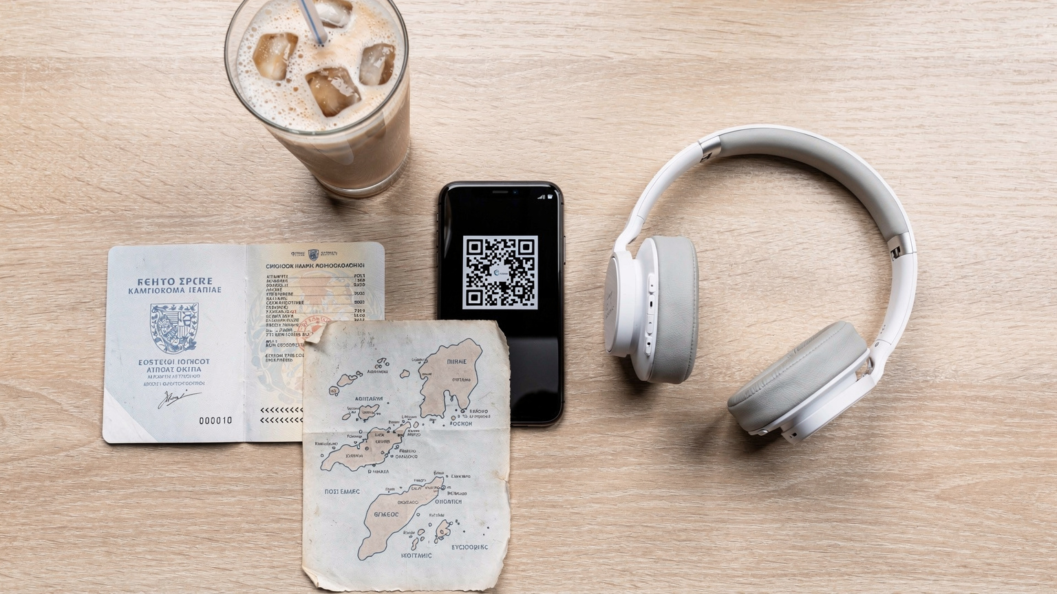 An overhead flat-lay of travel essentials: a Greek passport, a smartphone displaying a QR code for an eSIM, a pair of wireless headphones, and a small map snippet of the Cyclades, next to a refreshing glass of Greek Frappé.