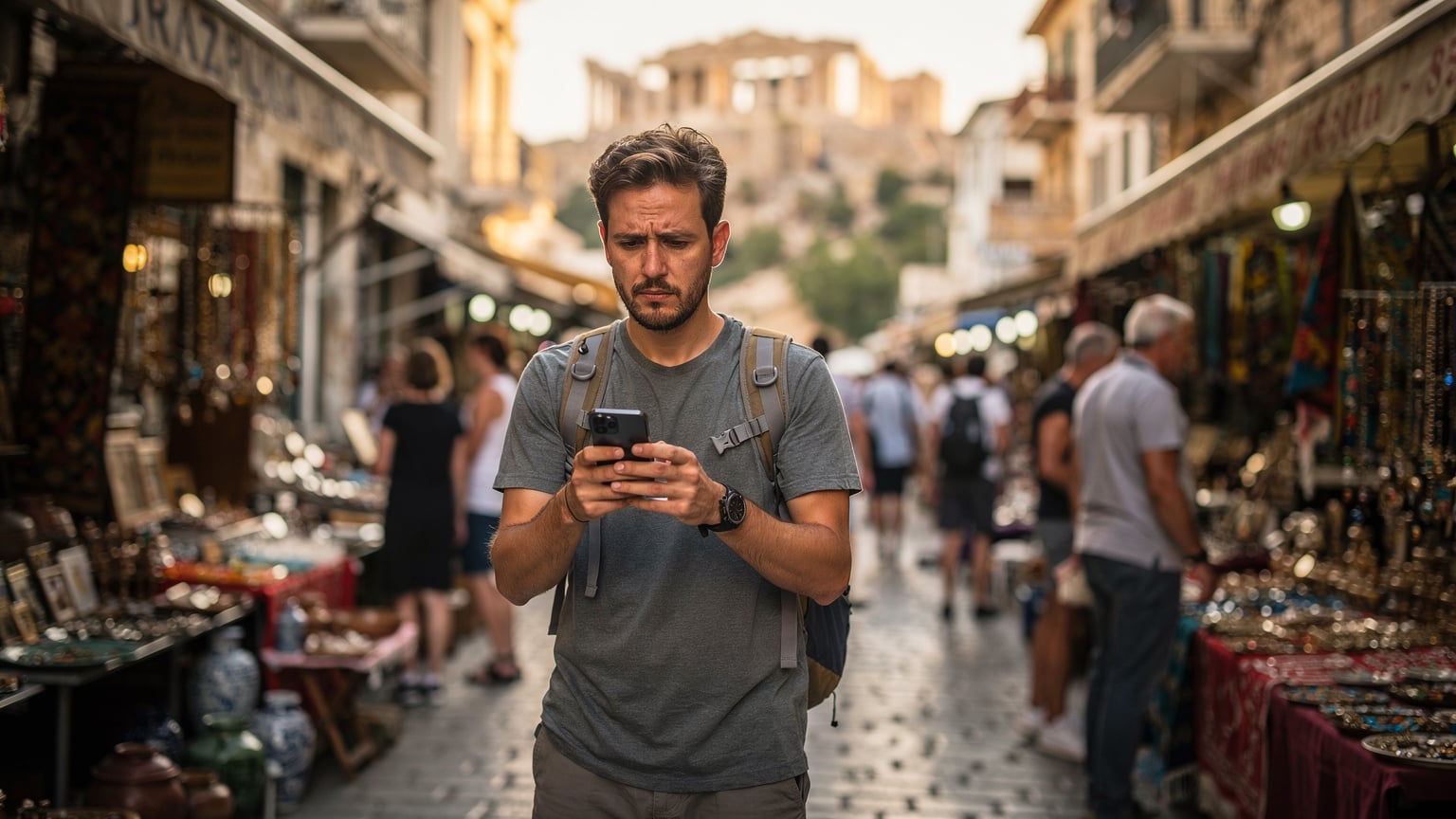 A backpacker in the bustling Monastiraki area of Athens, looking at their phone with a slight frown, attempting to find a Wi-Fi signal amidst street vendors and ancient ruins.