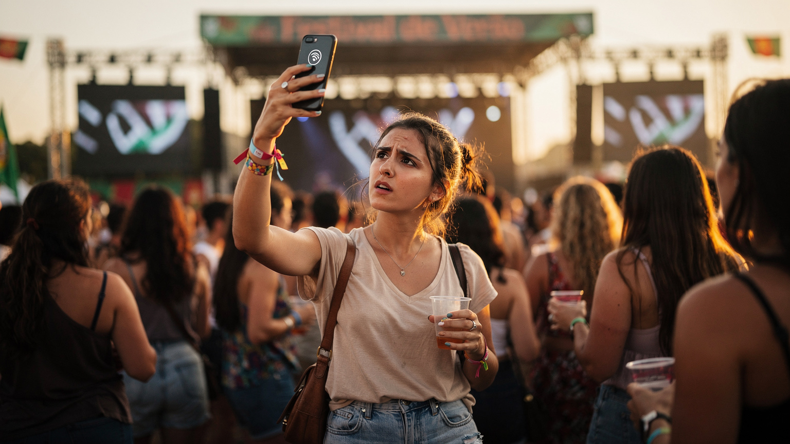 Uma mulher jovem, com expressão preocupada, tenta usar o seu smartphone num festival de música lotado no verão em Portugal, com a tela mostrando um ícone de sinal fraco, ilustrando os desafios de conectividade em eventos de massa.