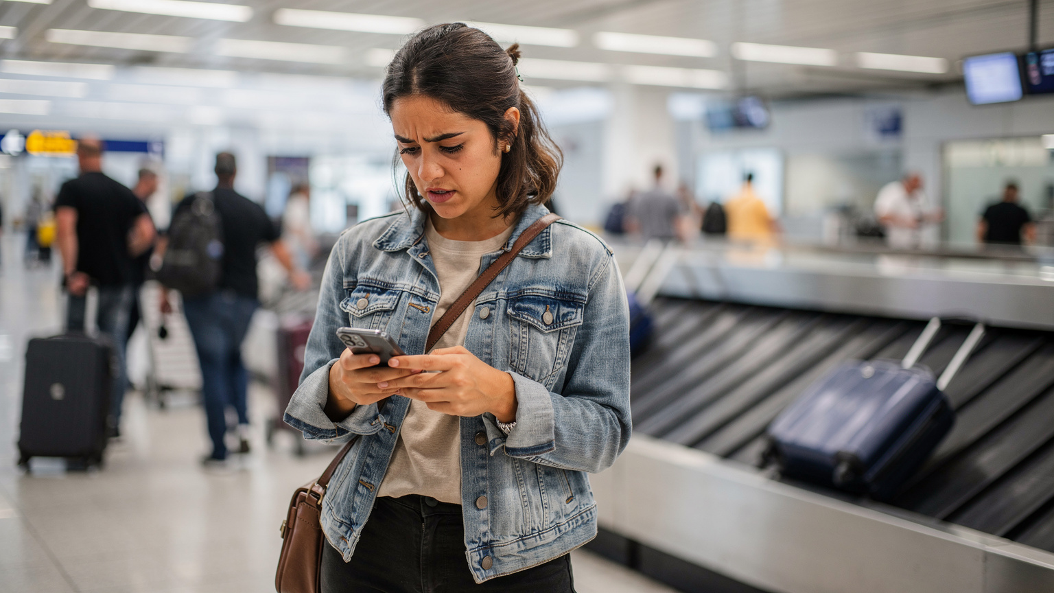Uma turista frustrada no aeroporto de Lisboa, olhando para o seu smartphone com uma expressão de preocupação, enquanto uma fila se forma atrás dela, indicando um problema de conectividade logo após a chegada.