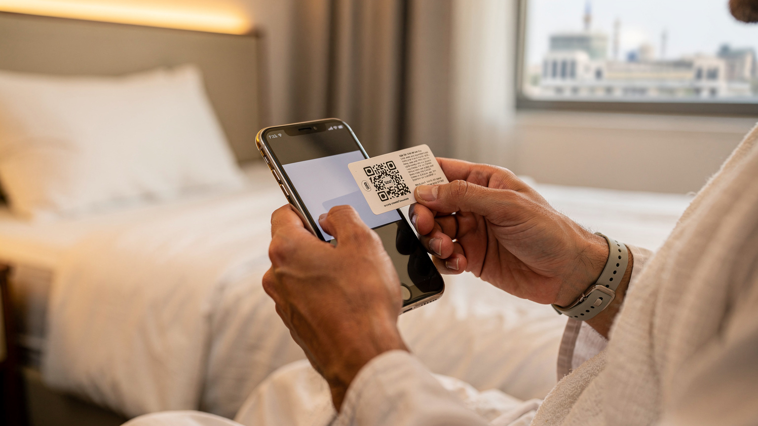 Seorang jemaah sedang memegang telefon pintarnya sambil mengimbas kod QR eSIM dengan kamera telefon yang lain, di latar belakang sebuah bilik hotel yang ringkas di Mekah.