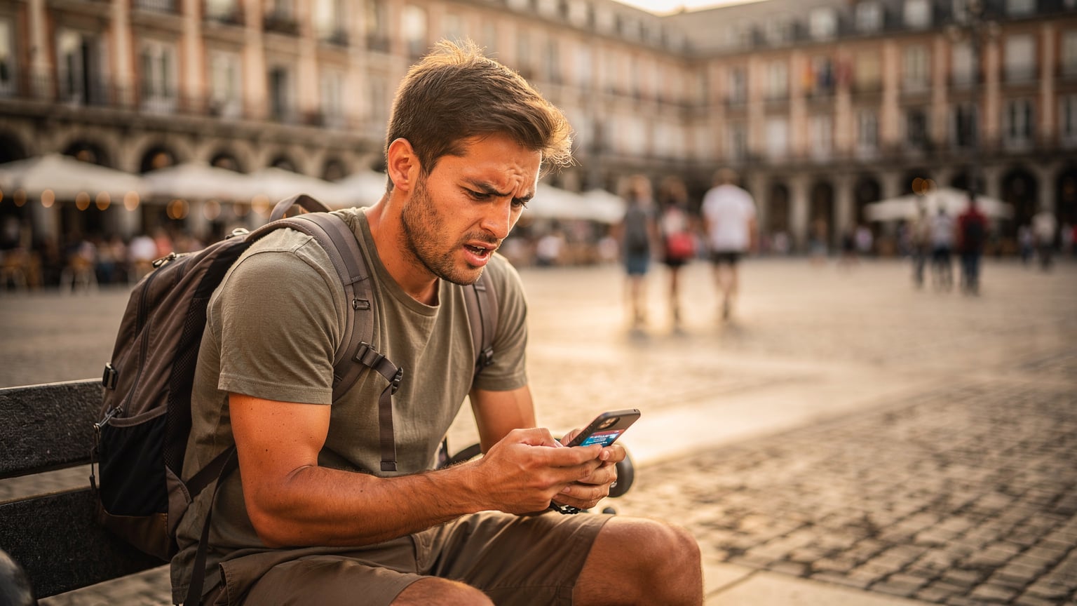 Un uomo con uno zaino guarda con un'espressione perplessa lo schermo del suo telefono, che mostra un messaggio di 'nessuna connessione', seduto su una panchina in Plaza Mayor a Madrid, circondato da turisti e dall'architettura storica.