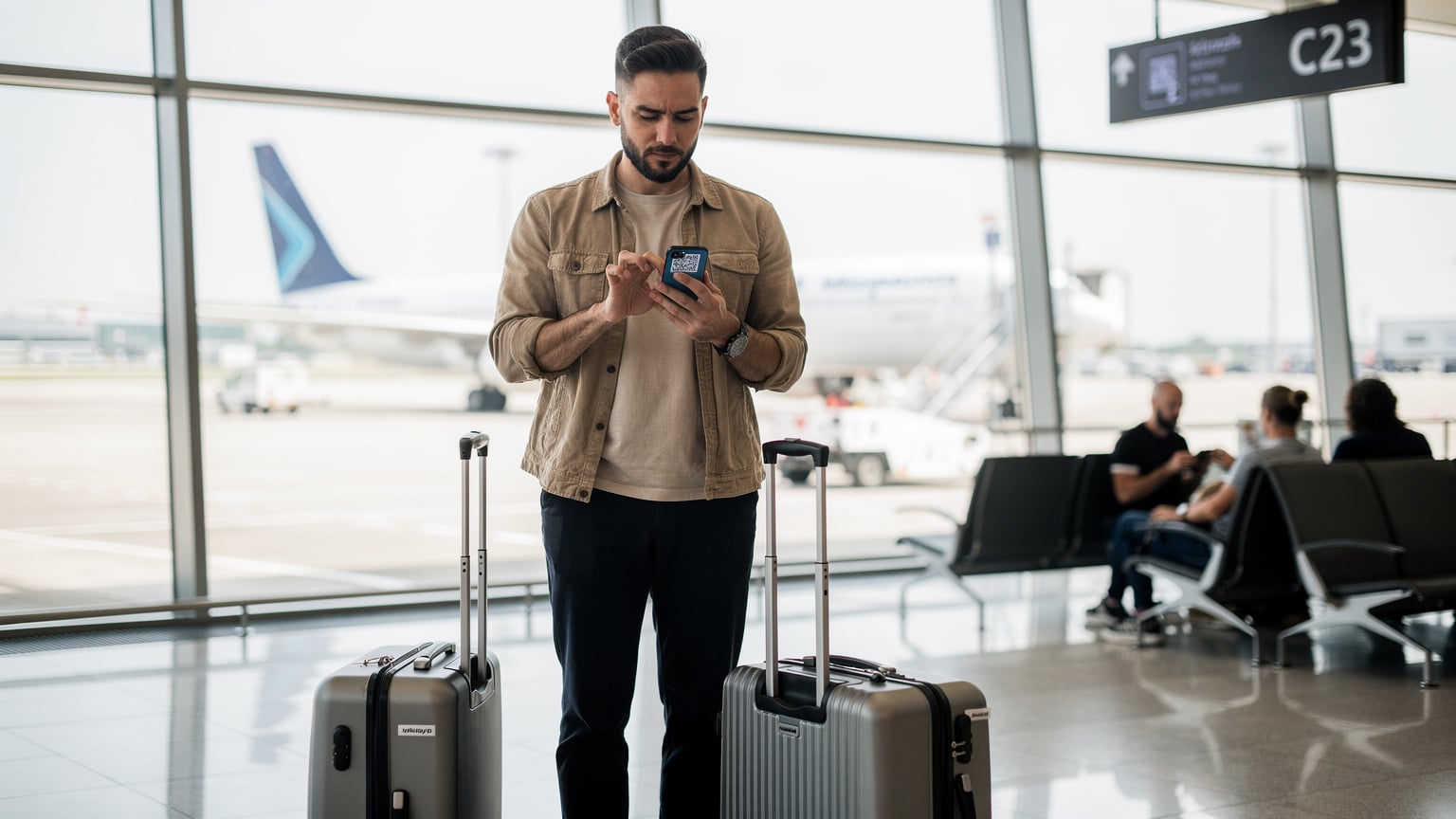 Un viaggiatore con una valigia leggera usa il suo smartphone per scansionare un QR code di attivazione eSIM al gate C23 dell'Aeroporto di Malpensa, con l'aereo visibile dal finestrino e altri passeggeri in attesa.