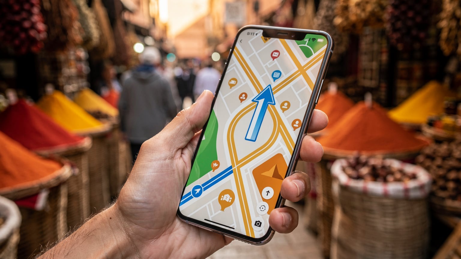 Una mano tiene uno smartphone che mostra l'app Google Maps aperta e una freccia di navigazione, con lo sfondo sfocato di un vivace mercato di spezie nella Medina di Marrakech, tra bancarelle colorate e persone che camminano.