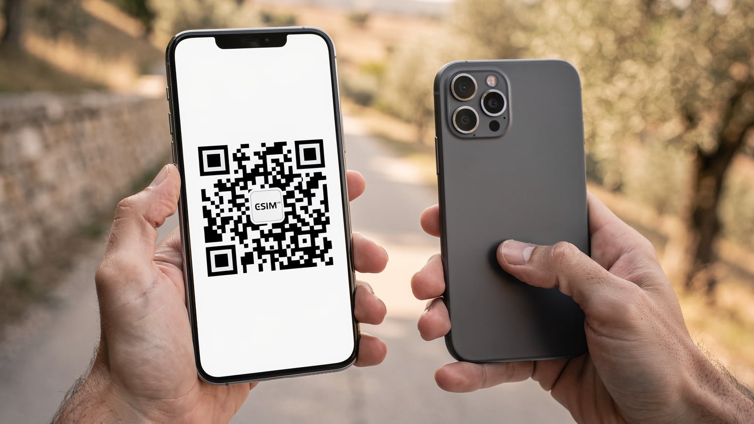 Twee handen houden een smartphone vast, waarbij een QR-code op het scherm wordt gescand door de camera van een ander apparaat om een eSIM te activeren, met een onscherpe Italiaanse landweg op de achtergrond.