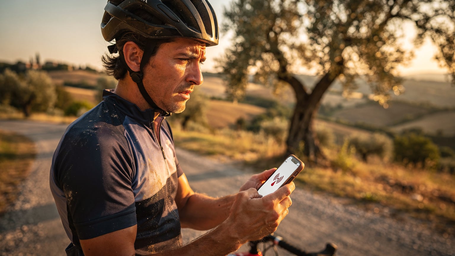 Een fietser met een ongeruste uitdrukking kijkt naar zijn smartphone, die 'Geen Service' weergeeft, terwijl hij op een landweg in Umbrië staat, omringd door olijfbomen en de avondzon.