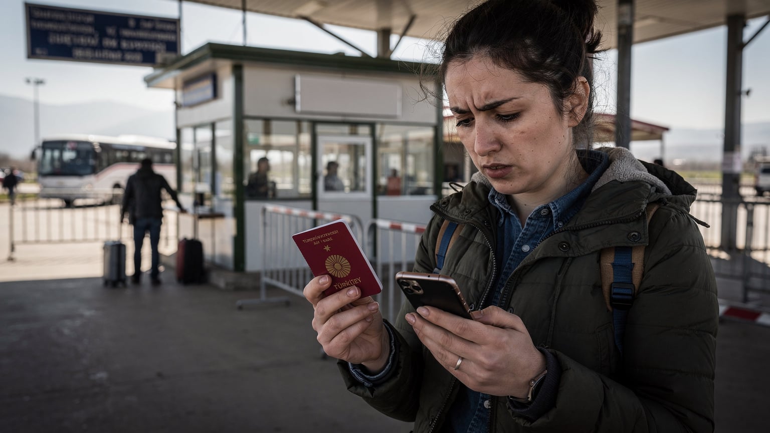 Bir Gürcistan sınır kapısında, bir elinde pasaportu, diğer elinde telefonunda eSIM ayarlarını kontrol eden bir gezgin.