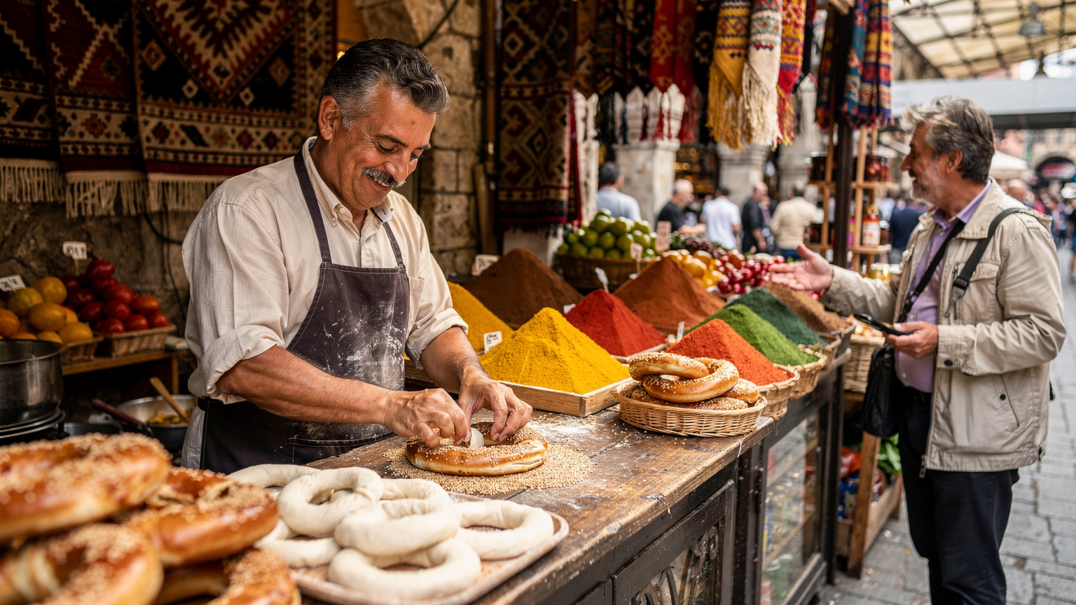A street food vendor in a bustling Istanbul market skillfully prepares a simit, with vibrant spices and fresh produce in the foreground. A tourist, phone in hand, is negotiating a purchase in the background.