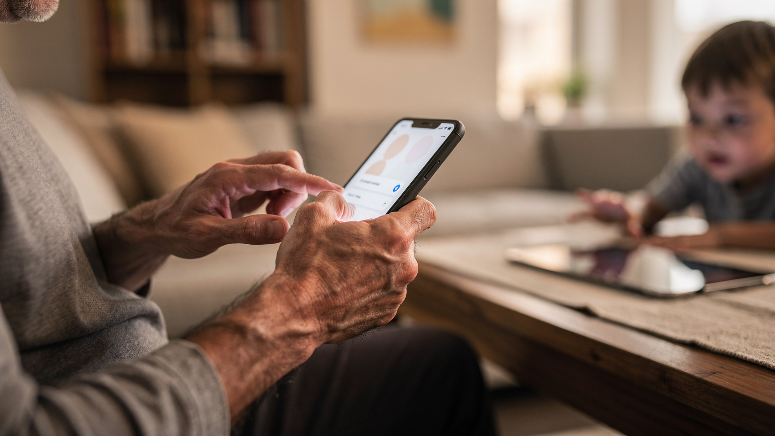 Close-up of a parent's hands setting up parental controls on a smartphone, with a blurred child's hand reaching for a tablet in the background. The screen shows generic settings, not readable text.