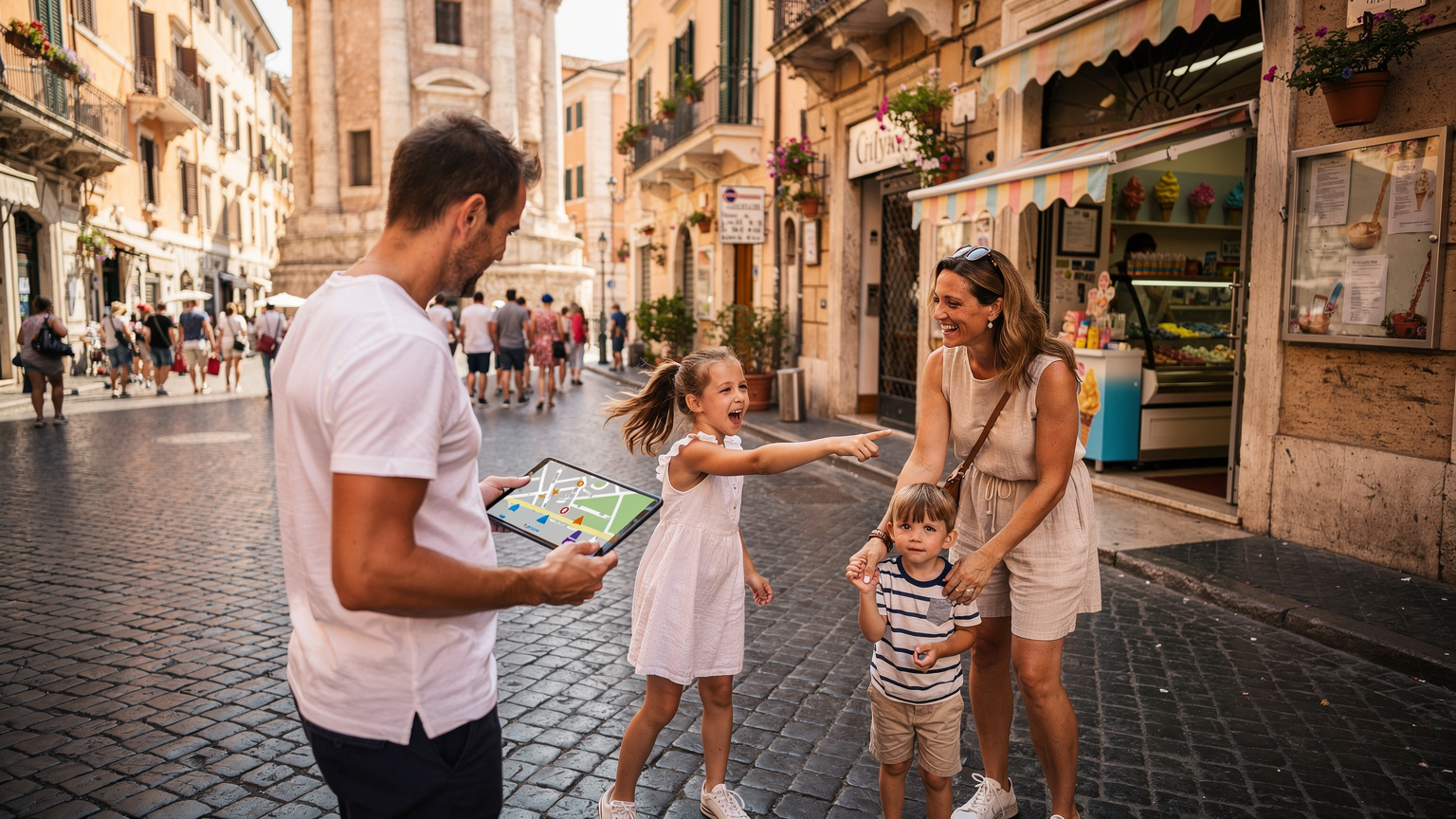 A family navigates the bustling streets of Rome, with the father holding a phone displaying a map, while a child points excitedly at a gelato shop. The scene captures the energy of discovery.