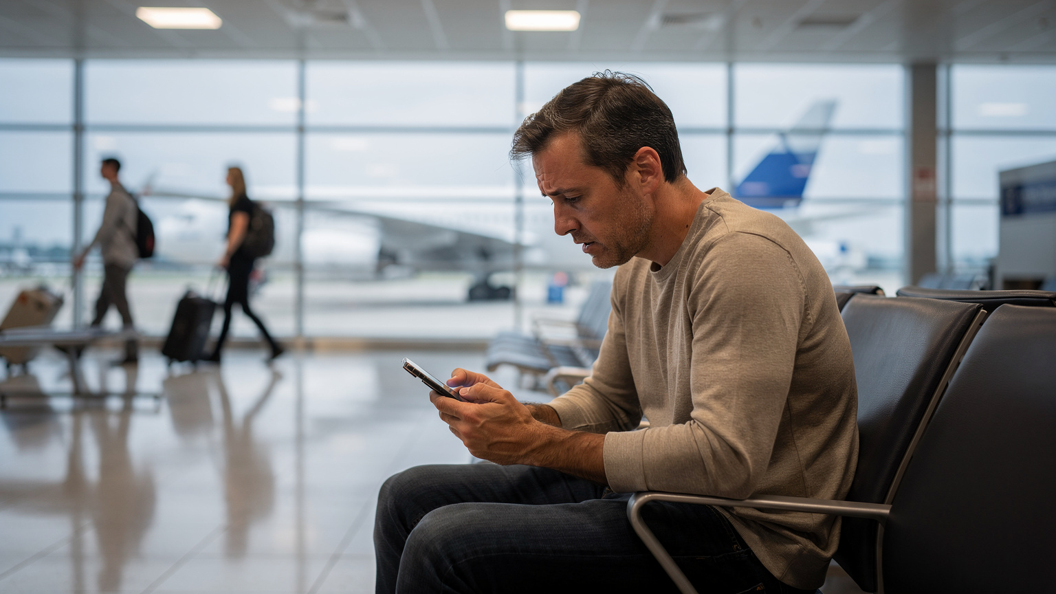 A concerned traveler at an airport gate, looking at their smartphone with a slightly worried expression, possibly troubleshooting a connectivity issue. The background shows blurred airport activity.