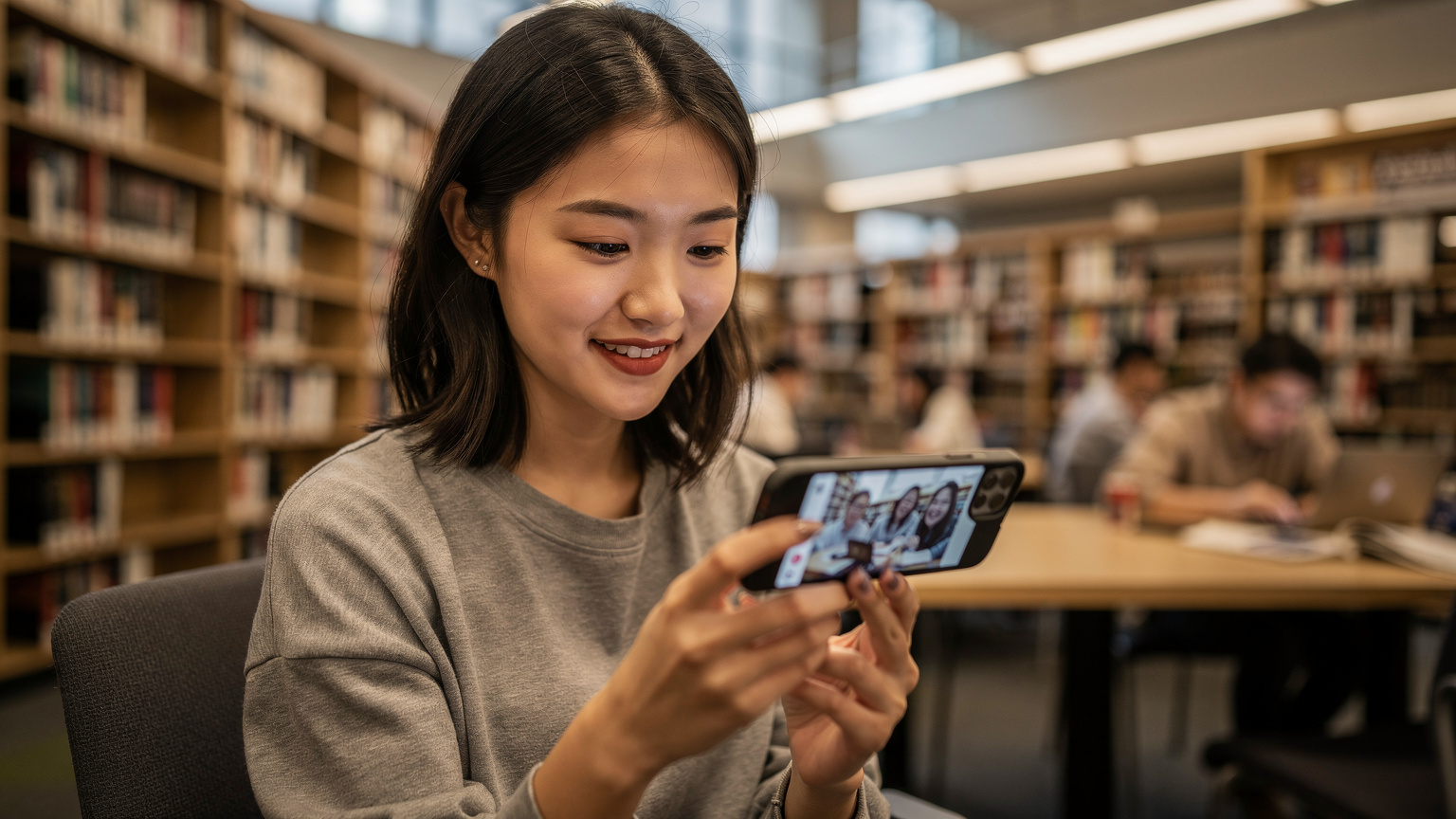 一名中国留学生在纽约大学图书馆内，使用手机与家人进行视频通话，背景是繁忙的自习区。
