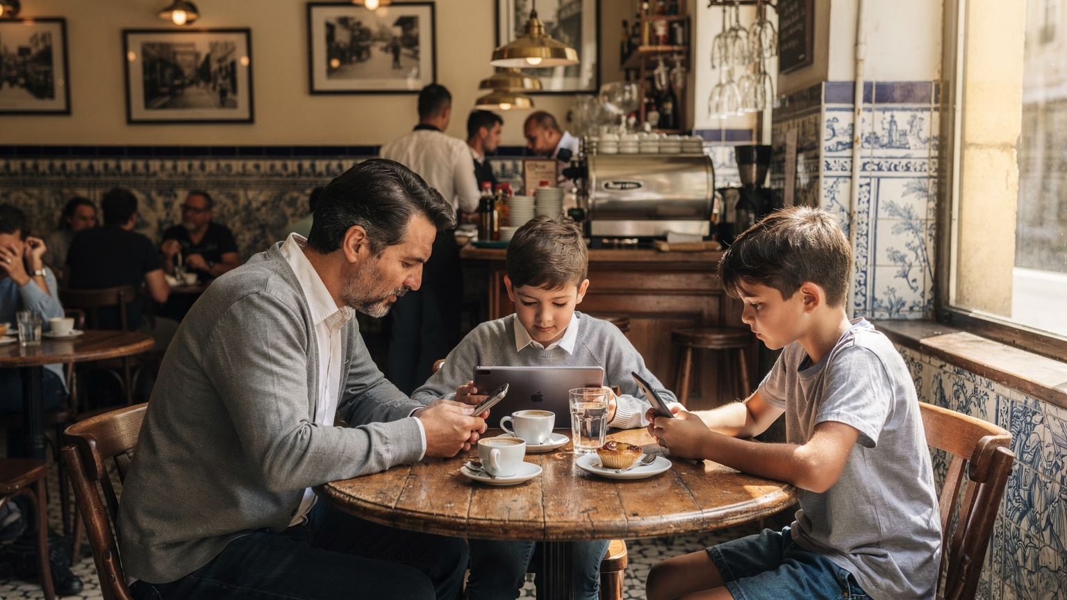 Une famille assise à une table dans un café animé du quartier de Chiado à Lisbonne, les parents consultent un smartphone pendant que les enfants regardent une tablette, tous connectés.