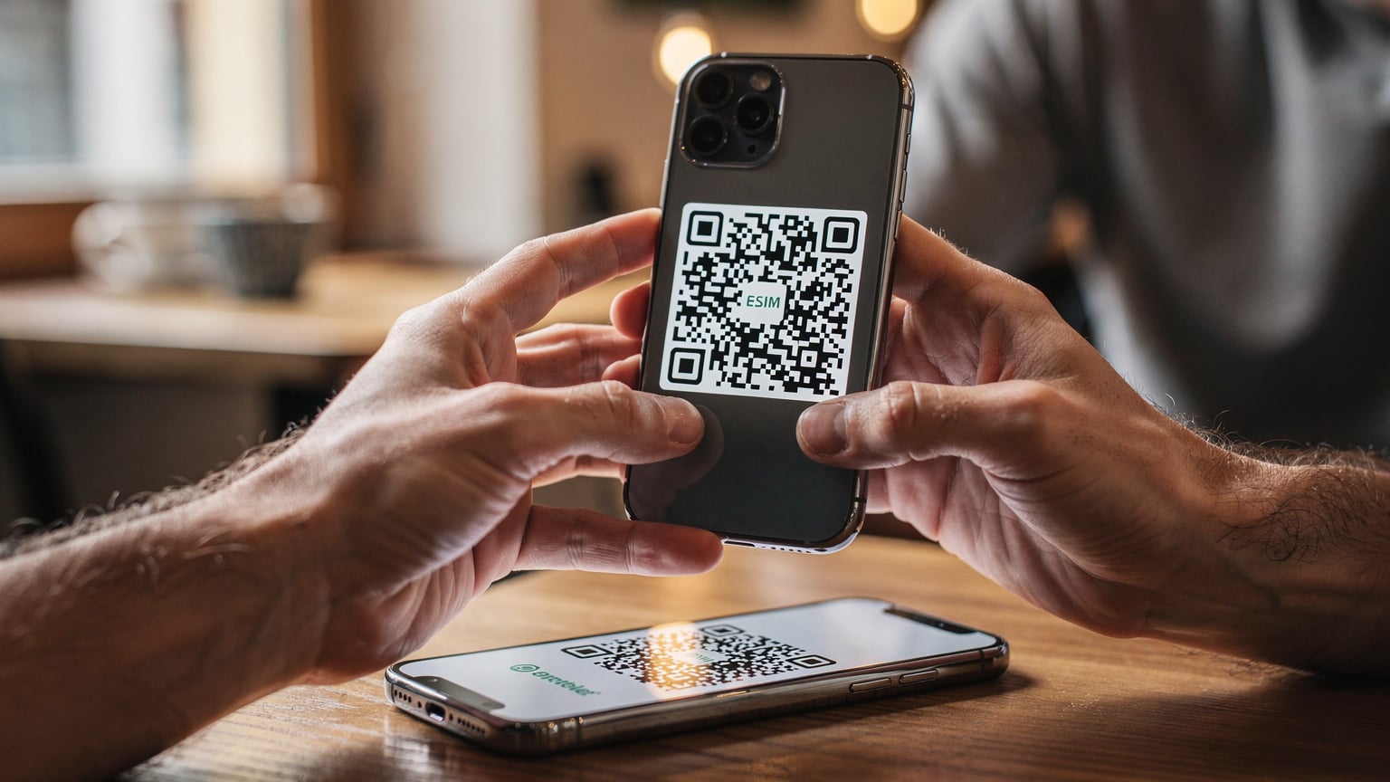 Nahaufnahme der Hände eines erwachsenen Mannes, der ein Smartphone hält und auf dem Bildschirm einen QR-Code für die eSIM-Aktivierung scannt. Die Hände sind konzentriert auf die Aufgabe, der Hintergrund ist unscharf und zeigt das warme Innere eines Cafés.