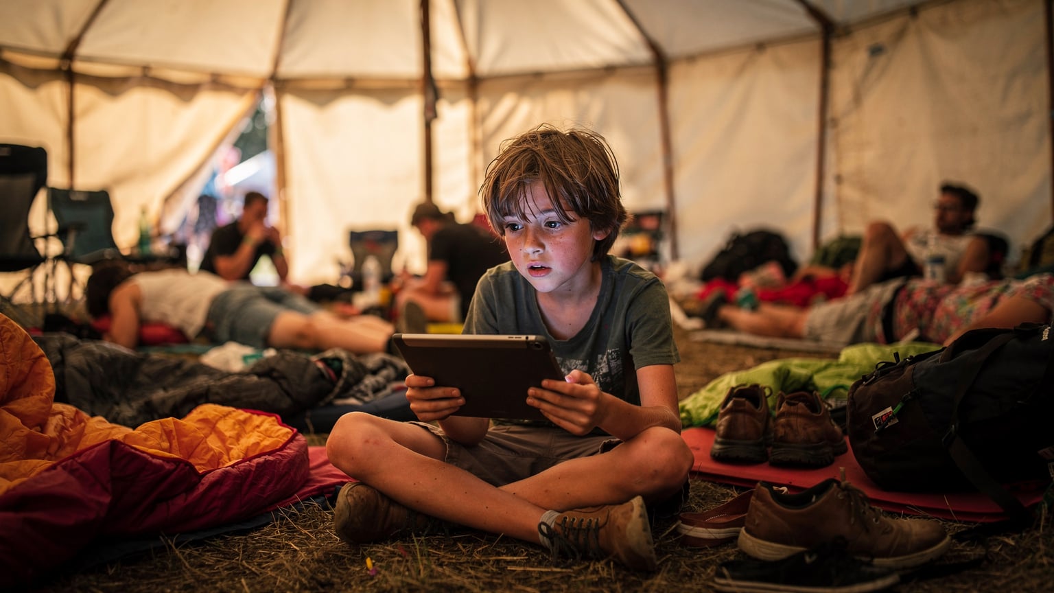 Ein Kind im Alter von 10 Jahren schaut konzentriert einen Film auf einem Tablet, während es in einem überfüllten Zelt auf einem Festival sitzt. Um es herum schlafen oder entspannen sich andere Festivalbesucher auf dem Boden. Ein warmes, gedämpftes Licht durchflutet die Szene.