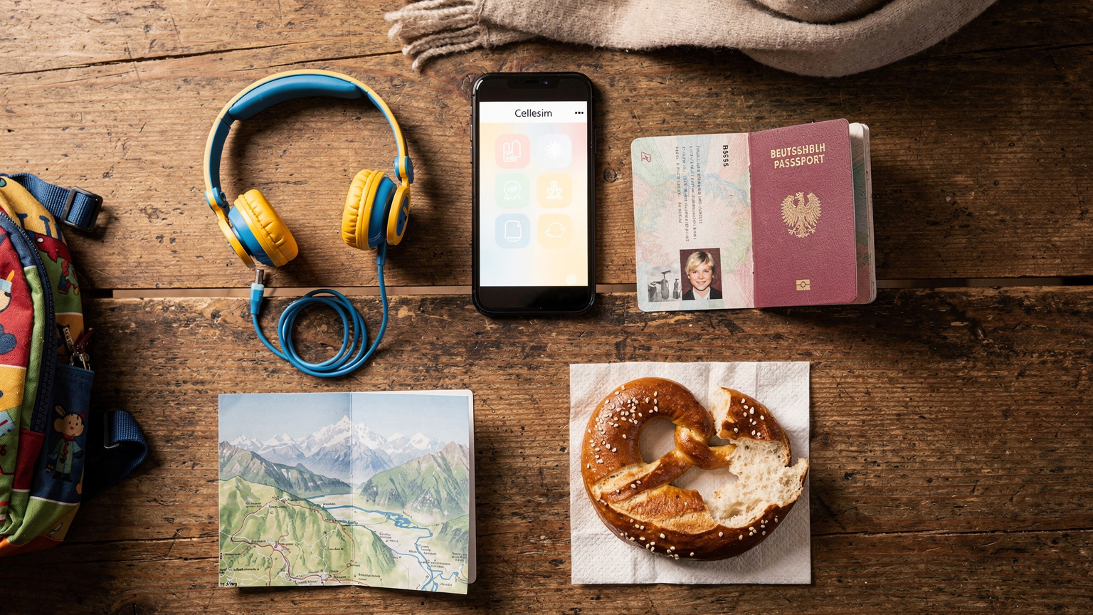 Ein sorgfältig arrangiertes Overhead-Flat-Lay von Reiseutensilien auf einem rustikalen Holztisch: Ein geöffneter deutscher Reisepass, ein Smartphone mit der Cellesim-App, ein Paar Kinderkopfhörer, eine kleine faltbare Landkarte der österreichischen Alpen und eine frisch gebackene halbe Brezel. Die Beleuchtung ist weiches, diffuses Tageslicht.