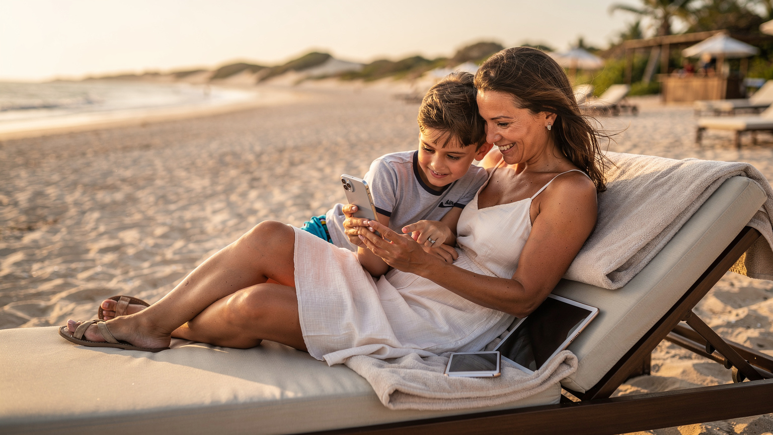 Mãe e filho rindo enquanto a mãe mostra algo interessante em seu smartphone para ele na praia, com um iPad ao lado e o mar de Jericoacoara ao fundo.