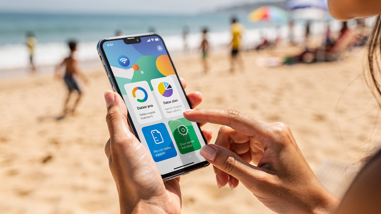 Mãos de uma mulher brasileira segurando um smartphone com o aplicativo Cellesim aberto, exibindo opções de planos de dados, enquanto crianças brincam na areia da praia ao fundo.