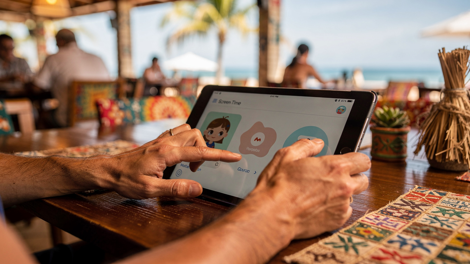 Mãos de um pai ou mãe configurando as opções de tempo de tela em um iPad infantil, com um perfil de criança visível, em um restaurante de praia no Nordeste.