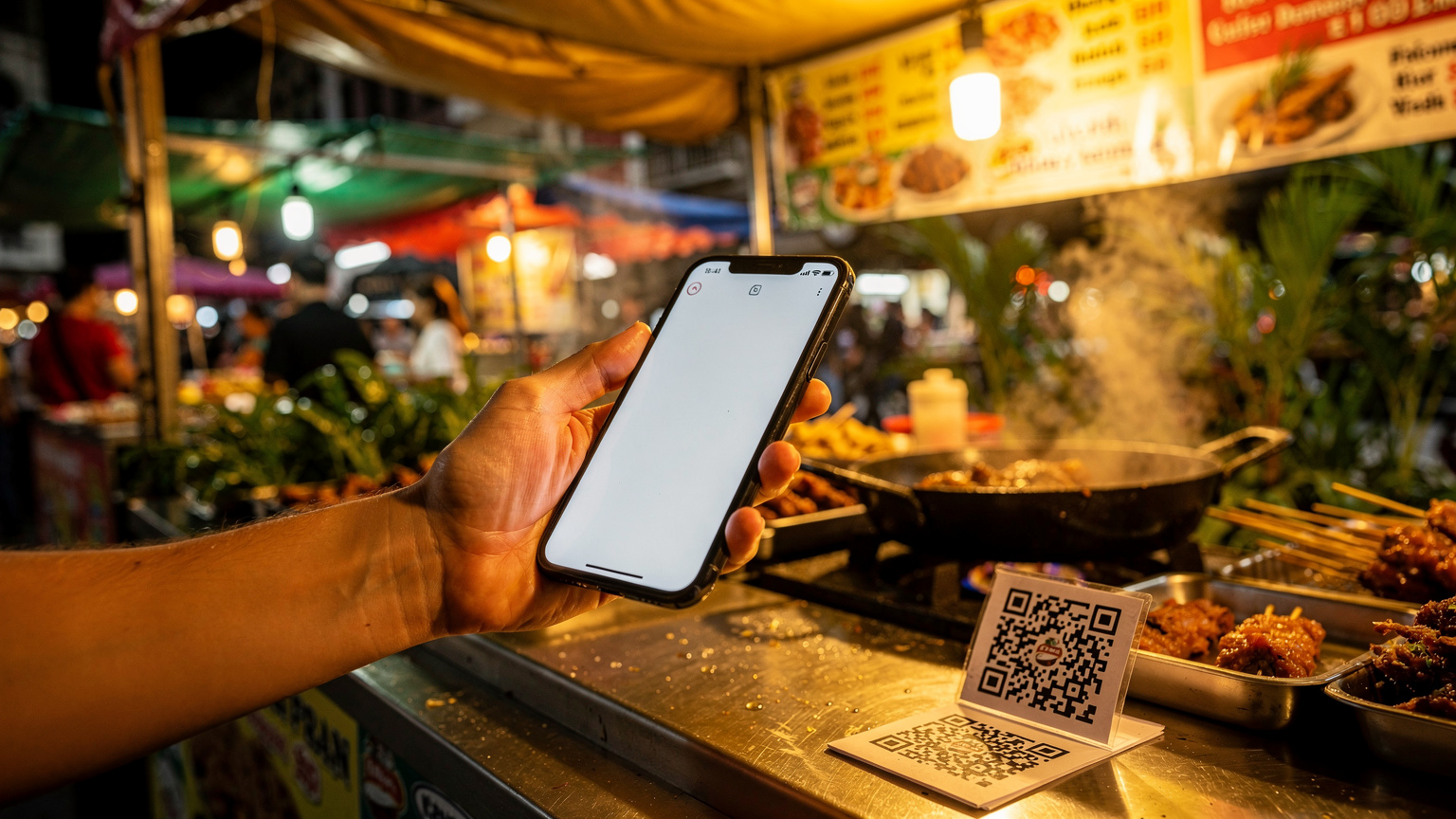 クアラルンプールの屋台街で、地元料理の注文のためにQRコードをスキャンしようとしているiPhoneユーザーの様子。周囲には活気ある屋台の雰囲気と熱帯の植物が写っている。