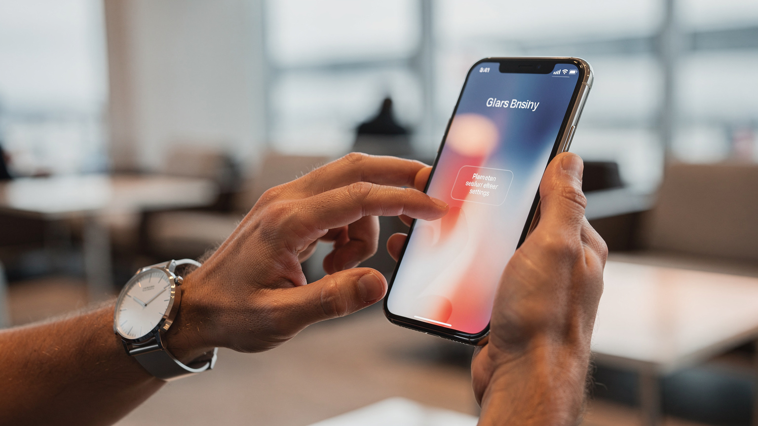 Close-up of a traveler's hands interacting with their smartphone, setting up an eSIM profile quickly and efficiently, highlighting the ease of digital activation.