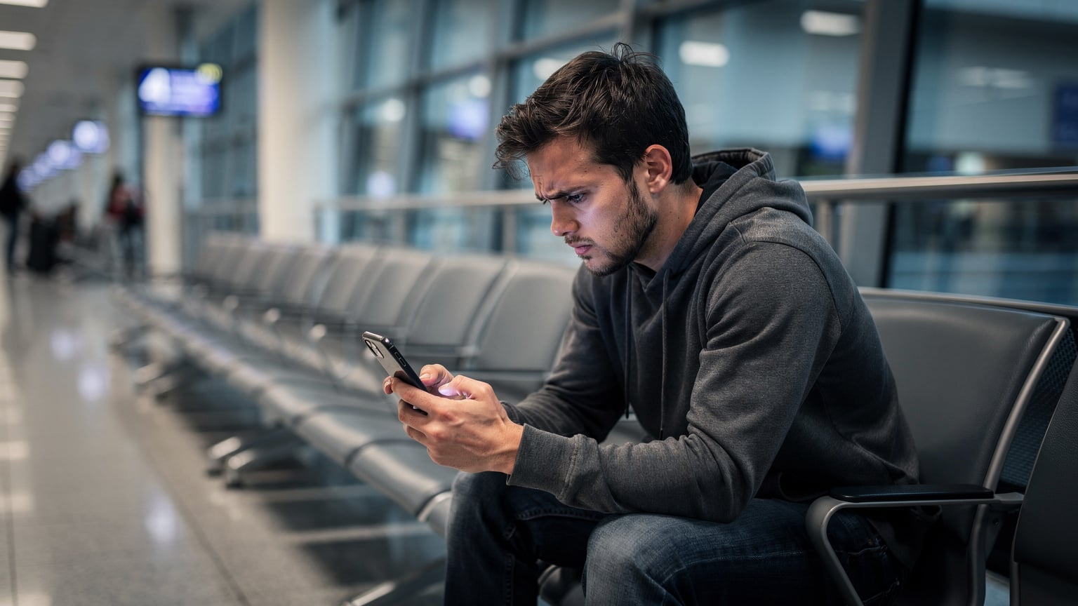 A traveler looking concerned at their phone screen in a dimly lit airport terminal, symbolizing a common travel problem that an eSIM helps to avoid.