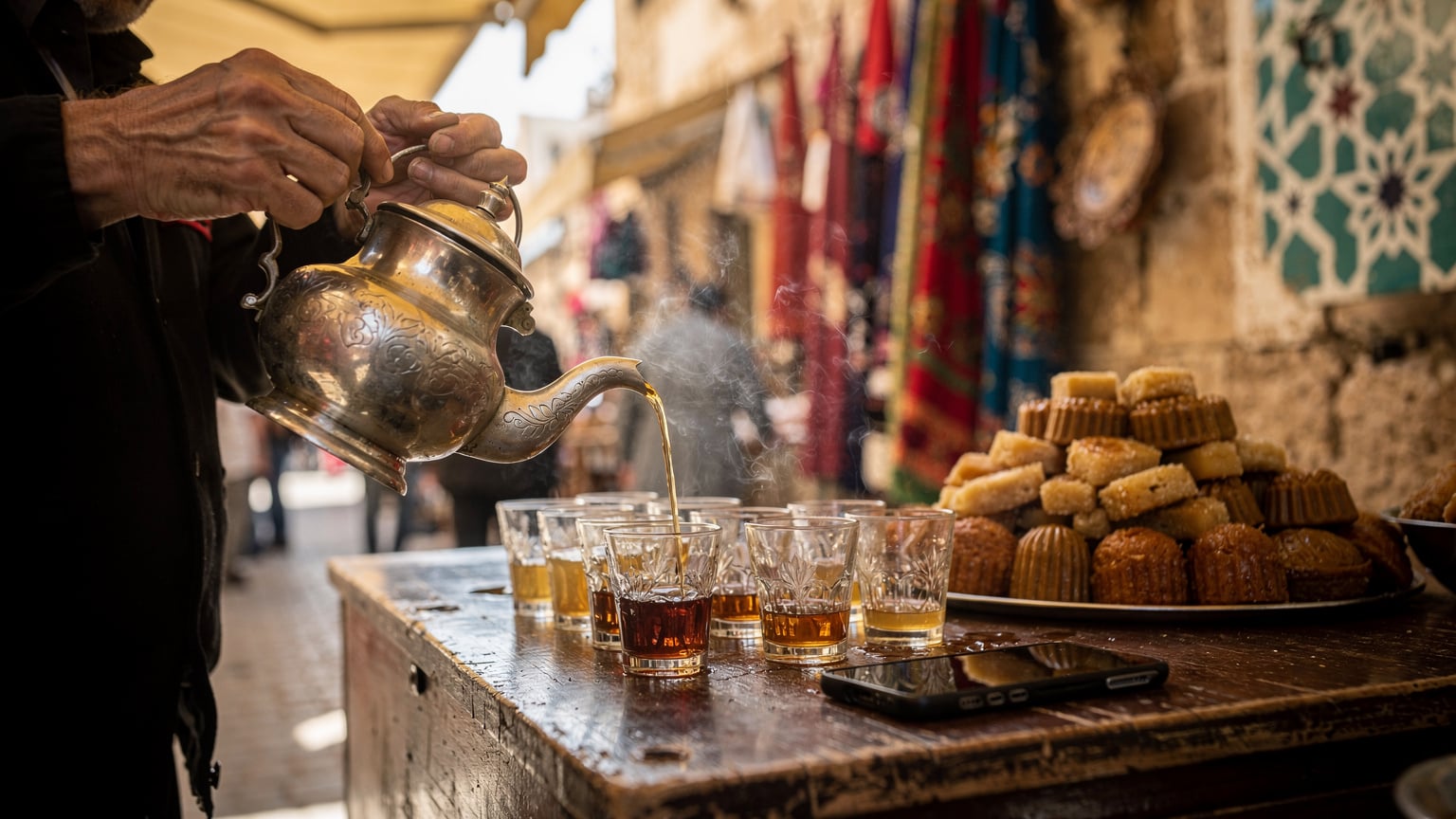 A close-up of a local Algerian street vendor serving traditional mint tea, with a mobile phone subtly visible on the counter, symbolizing local connectivity and cultural immersion.