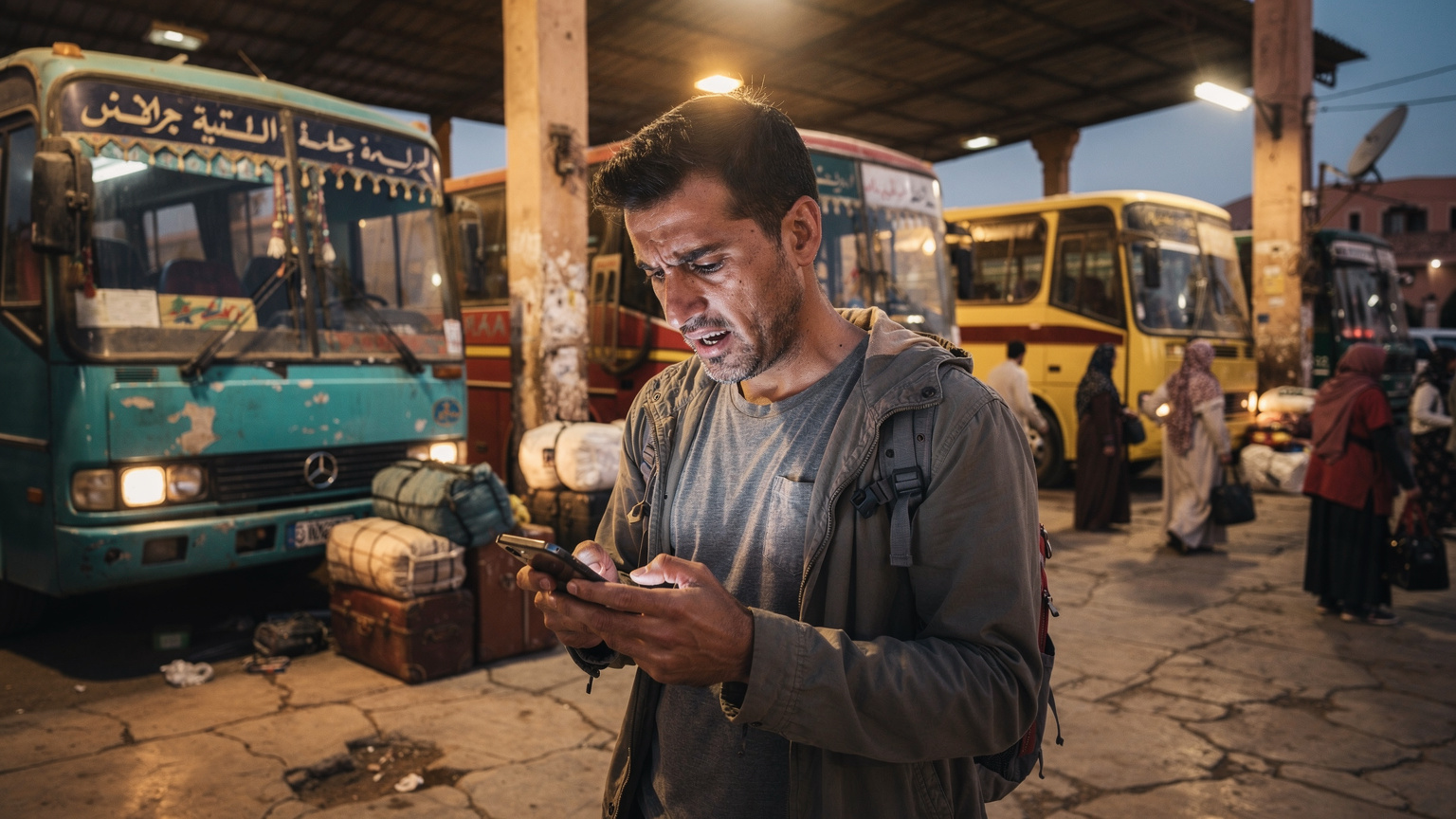 A traveler is seen anxiously checking their phone at a dimly lit, slightly chaotic bus station in Morocco, surrounded by luggage and other travelers, highlighting a moment of travel uncertainty.
