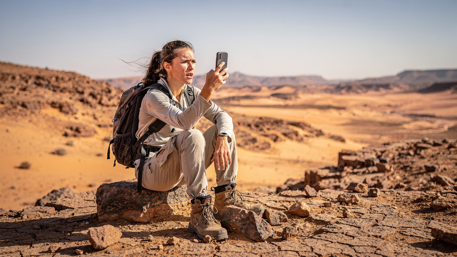 A backpacker sits on a rocky outcrop overlooking a vast expanse of the Moroccan desert, holding a phone up, attempting to find a signal. The scene conveys a sense of isolation and challenge.