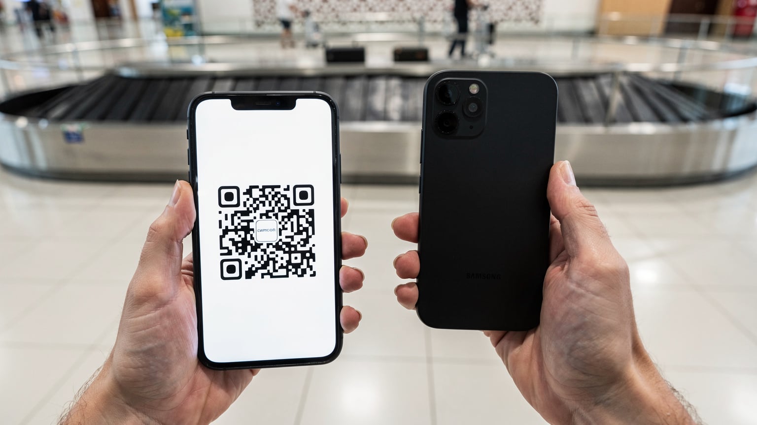 A traveler's hands are shown holding a smartphone, scanning a QR code for eSIM activation, with a blurred backdrop of a Moroccan airport arrival hall.