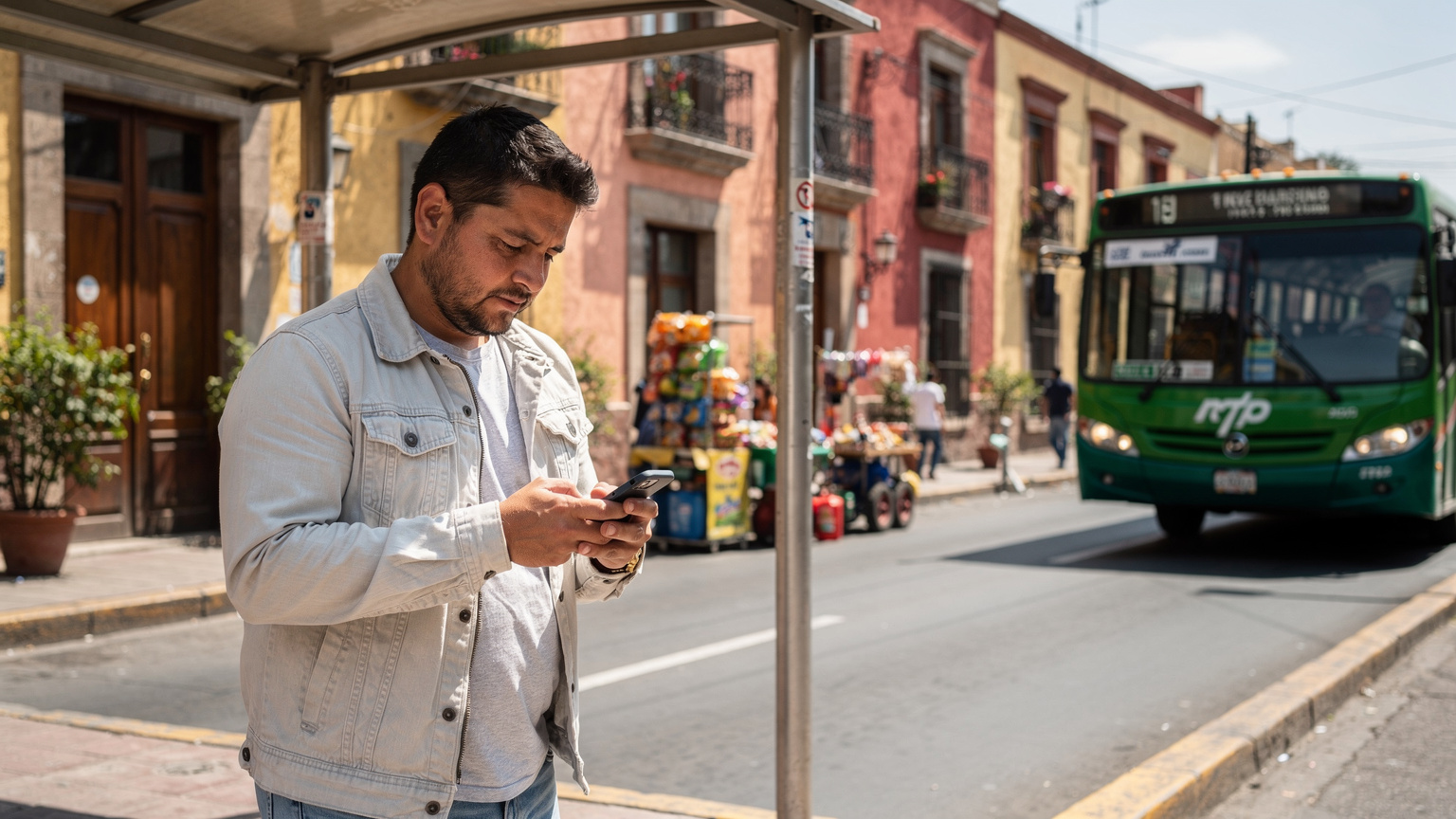 Un uomo controlla il suo smartphone con un piano eSIM attivo mentre aspetta un autobus RTP per esplorare il vivace quartiere di Coyoacán, a Città del Messico.