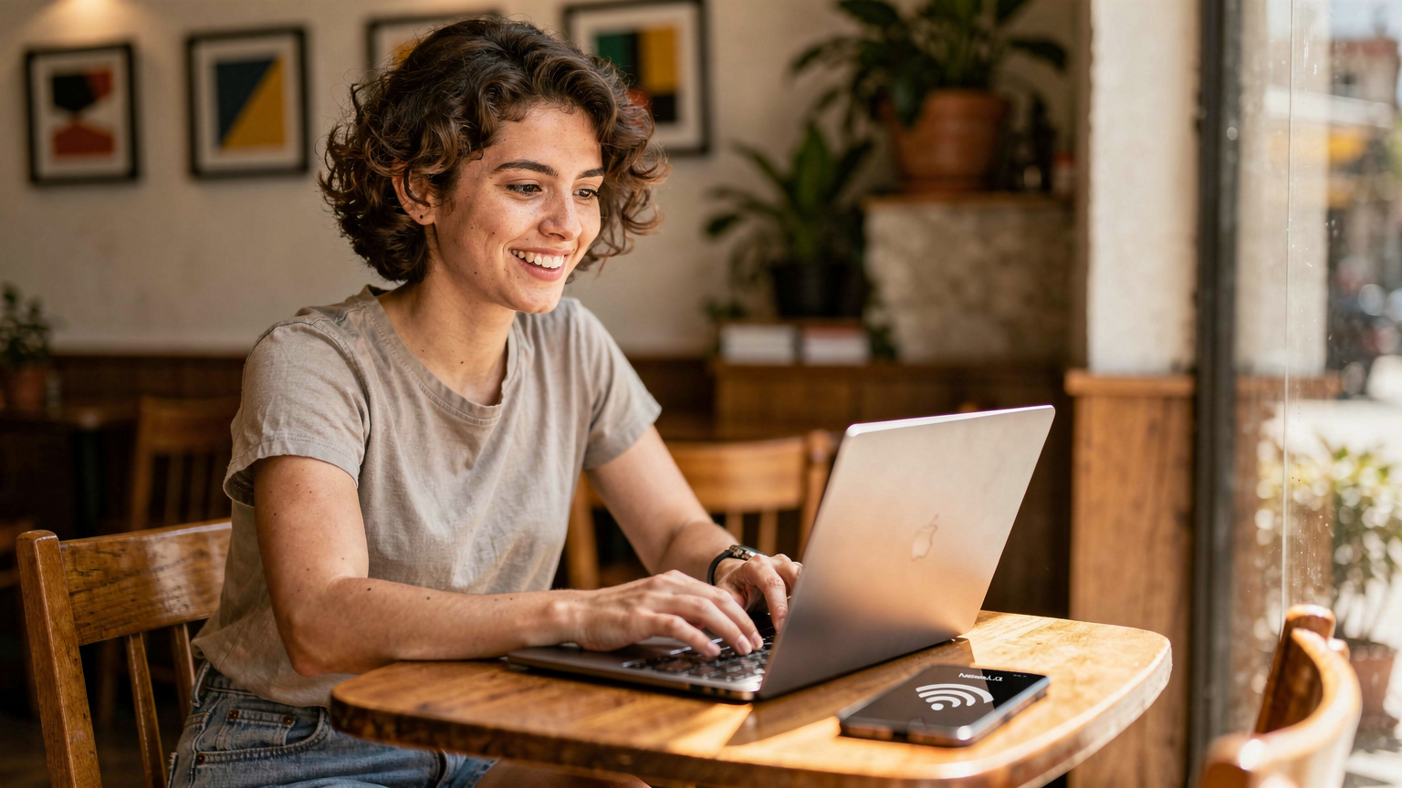 Una donna sorride mentre lavora al laptop, immersa nell'atmosfera di un caffè di Roma Norte, Città del Messico, con il suo smartphone e una eSIM attiva.
