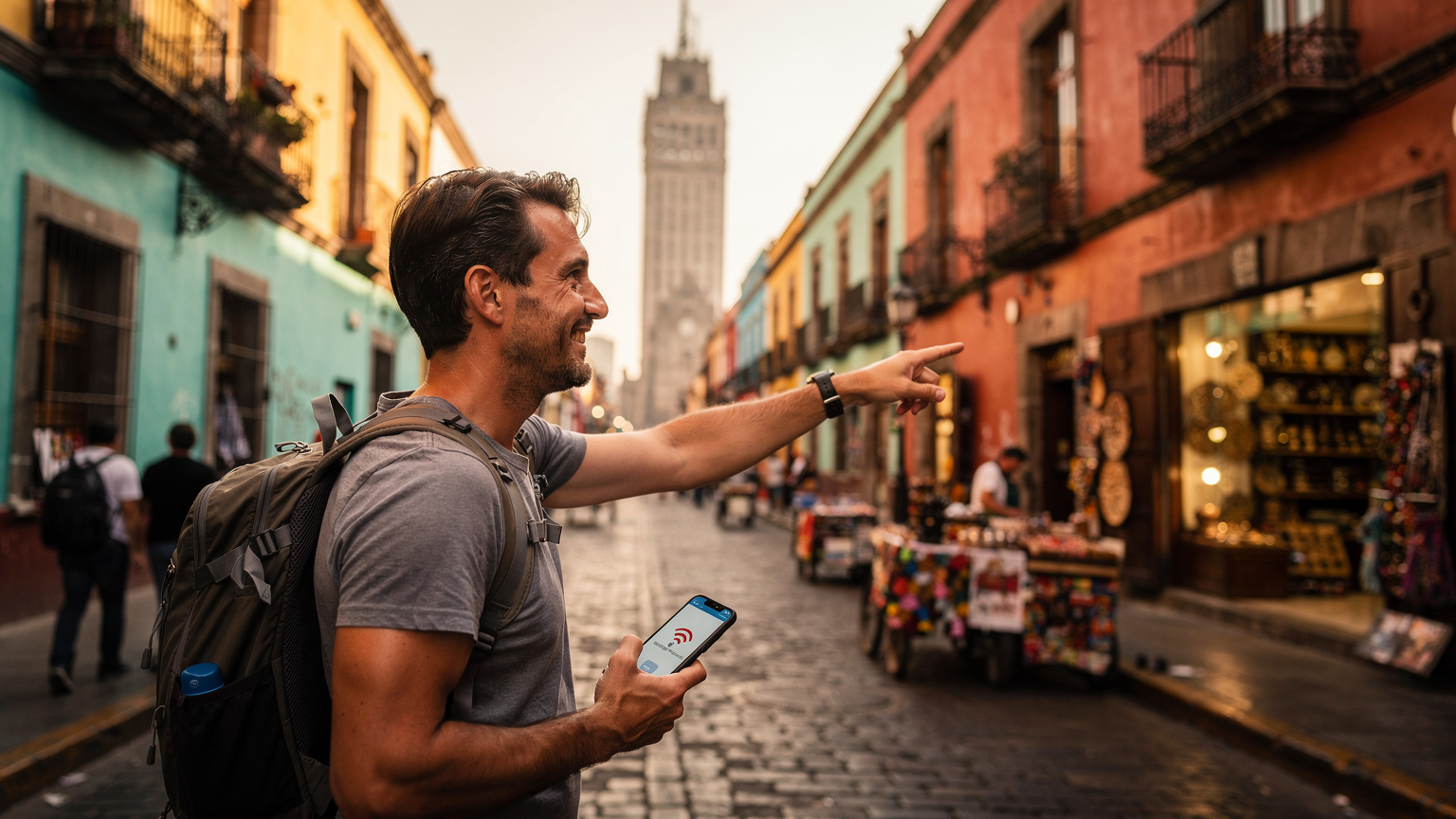 Un viaggiatore con smartphone e eSIM attiva indica un negozio di artigianato tradizionale nel Centro Histórico di Città del Messico, con la Torre Latinoamericana sullo sfondo.