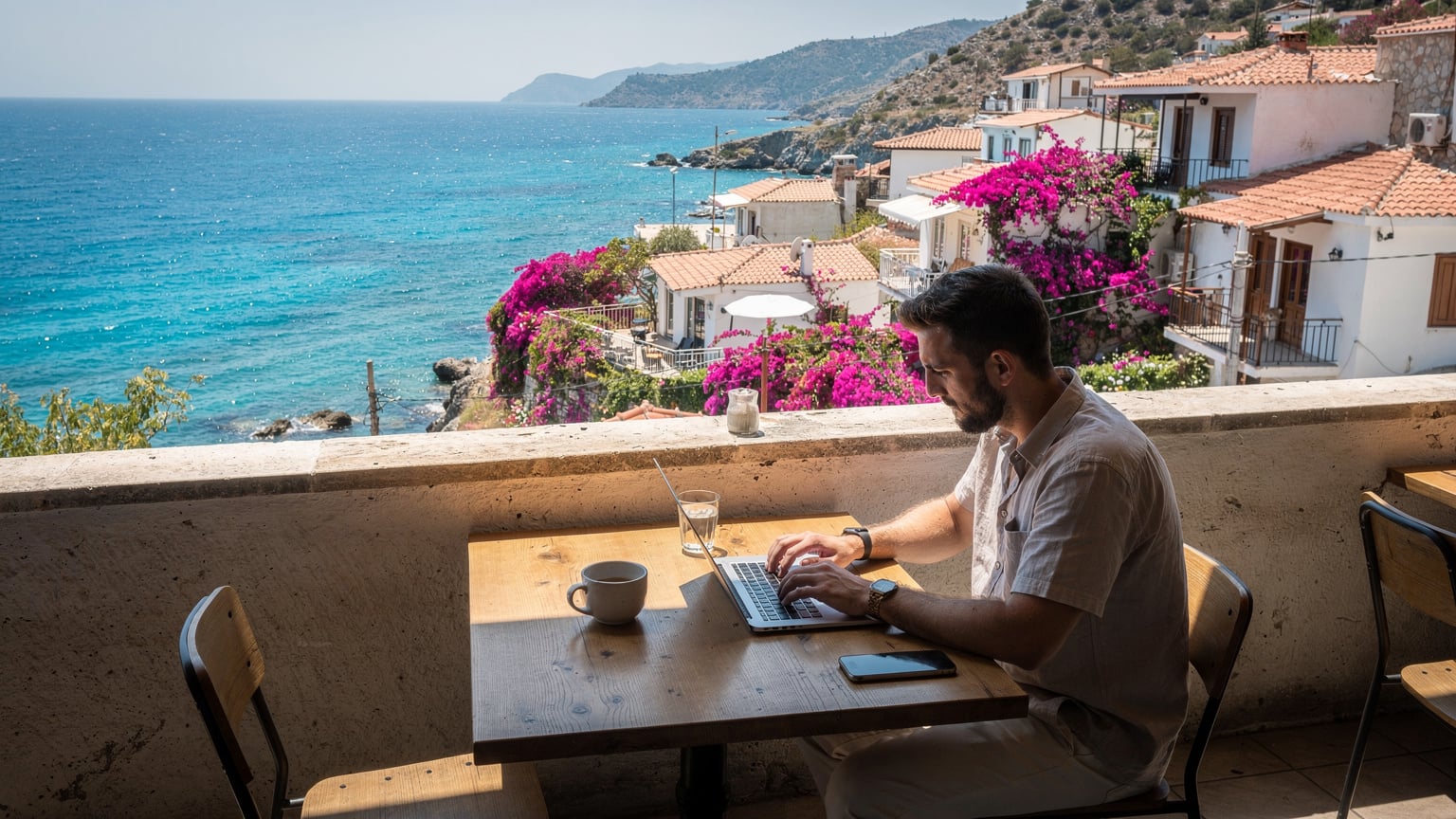 Een digitale nomade werkt op een laptop op een terras met uitzicht op de zee in Kaş, Turkije, met een smartphone ernaast.