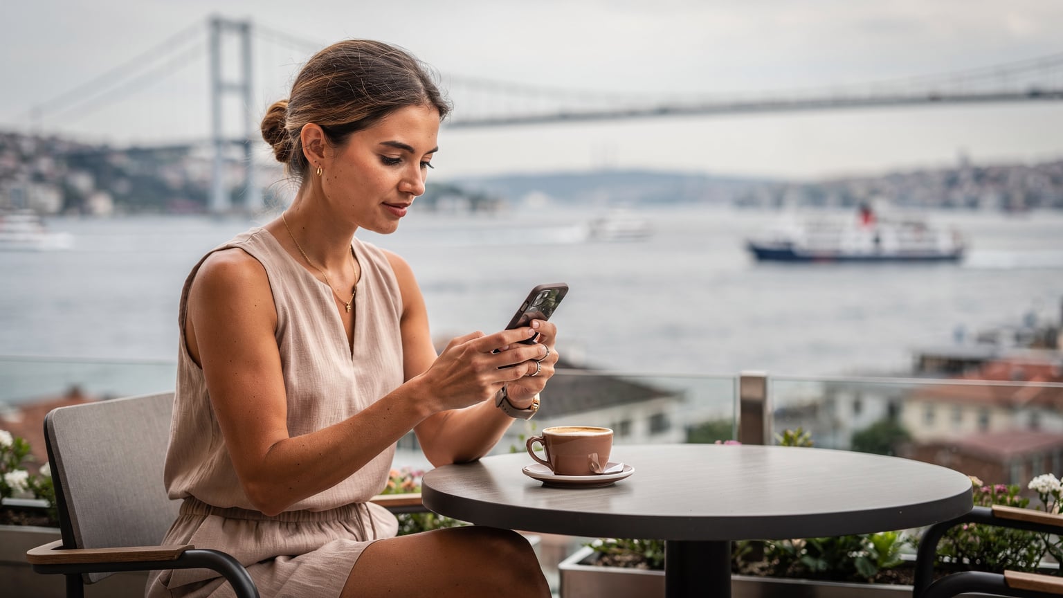 Een reiziger vergelijkt eSIM-databundels op haar smartphone, zittend op een terras met uitzicht op de Bosporus.