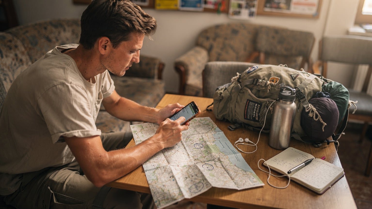 Un backpacker verifică un ghid offline pe telefonul său, lângă o hartă fizică mototolită, într-un hostel modest din Kotor, Muntenegru, cu rucsacul și echipamentul de călătorie aranjate în jurul său.